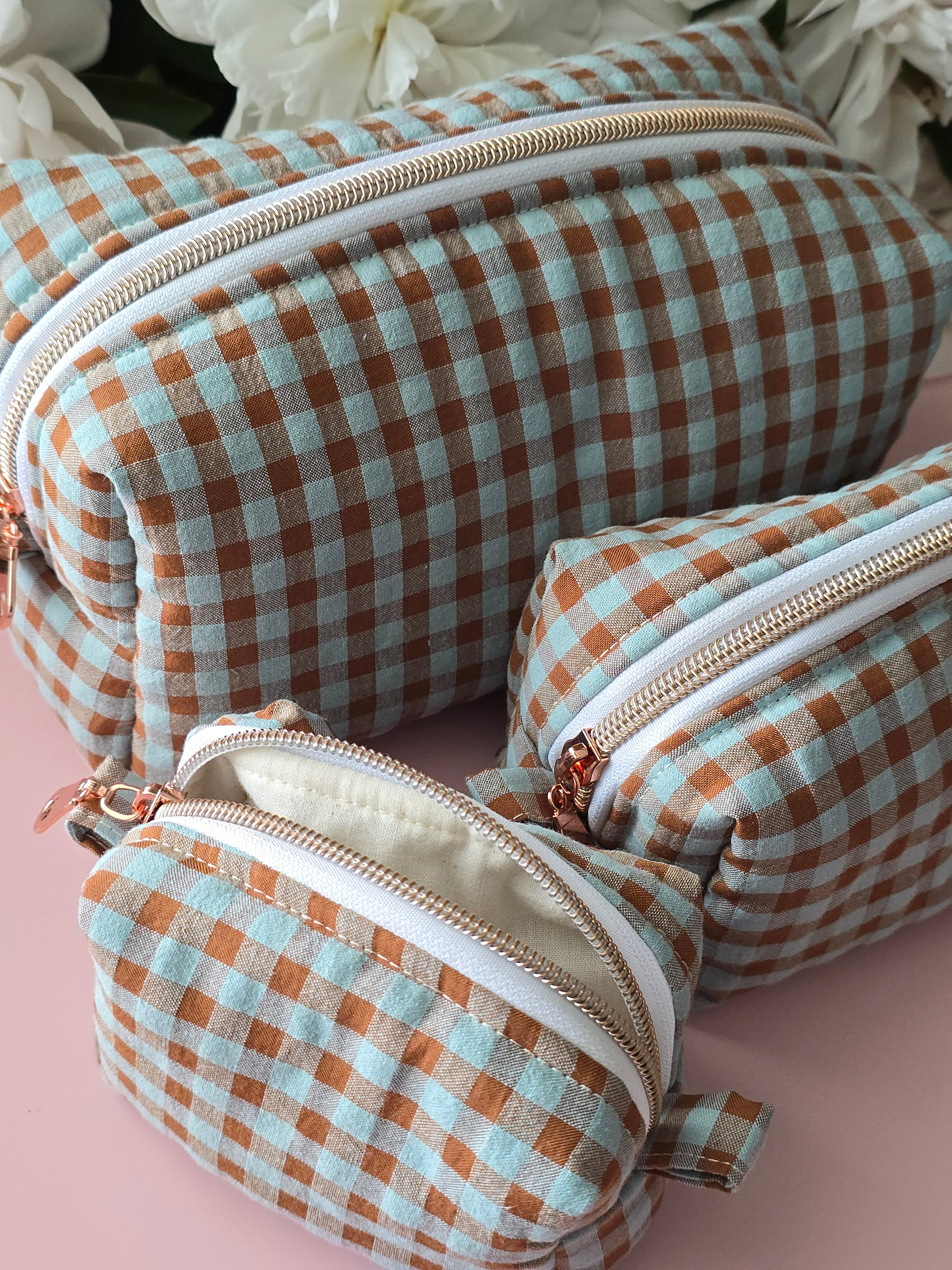 Gingham Cosmetic Bag – Green & Brown Checkered Pouch