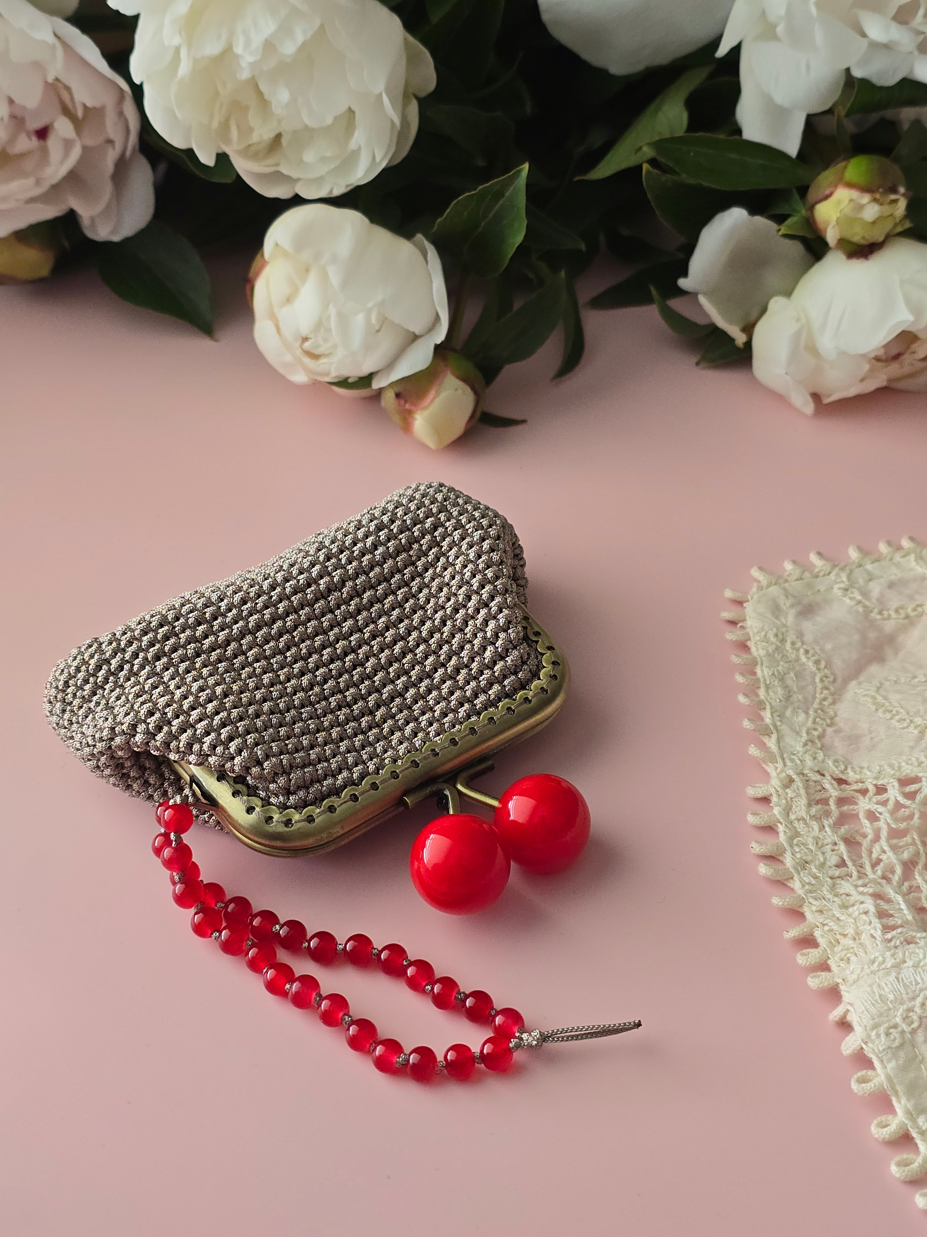 Handmade Crochet Kiss Lock Wallet with Cherry Clasp