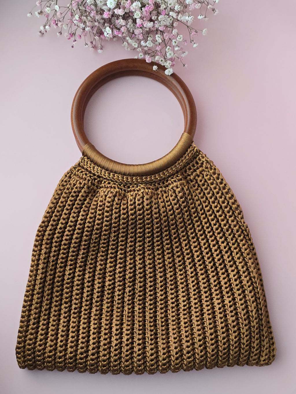 Handmade Crochet Bag with Wooden Handle