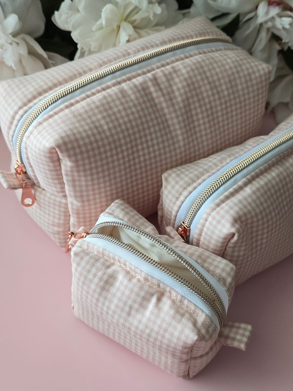 Set of 3 Pink Gingham Cosmetic Bags