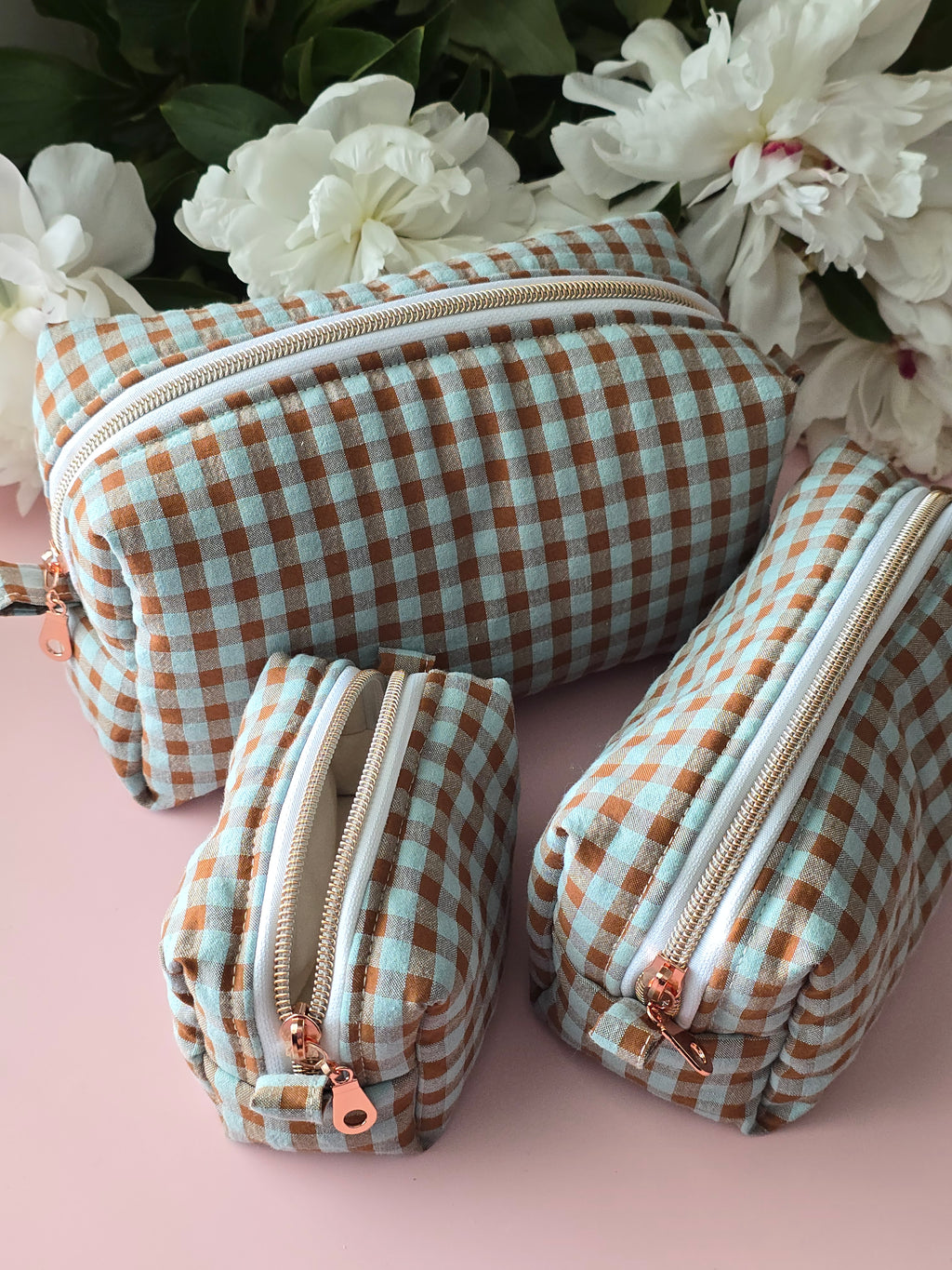 Gingham Cosmetic Bag – Green & Brown Checkered Pouch