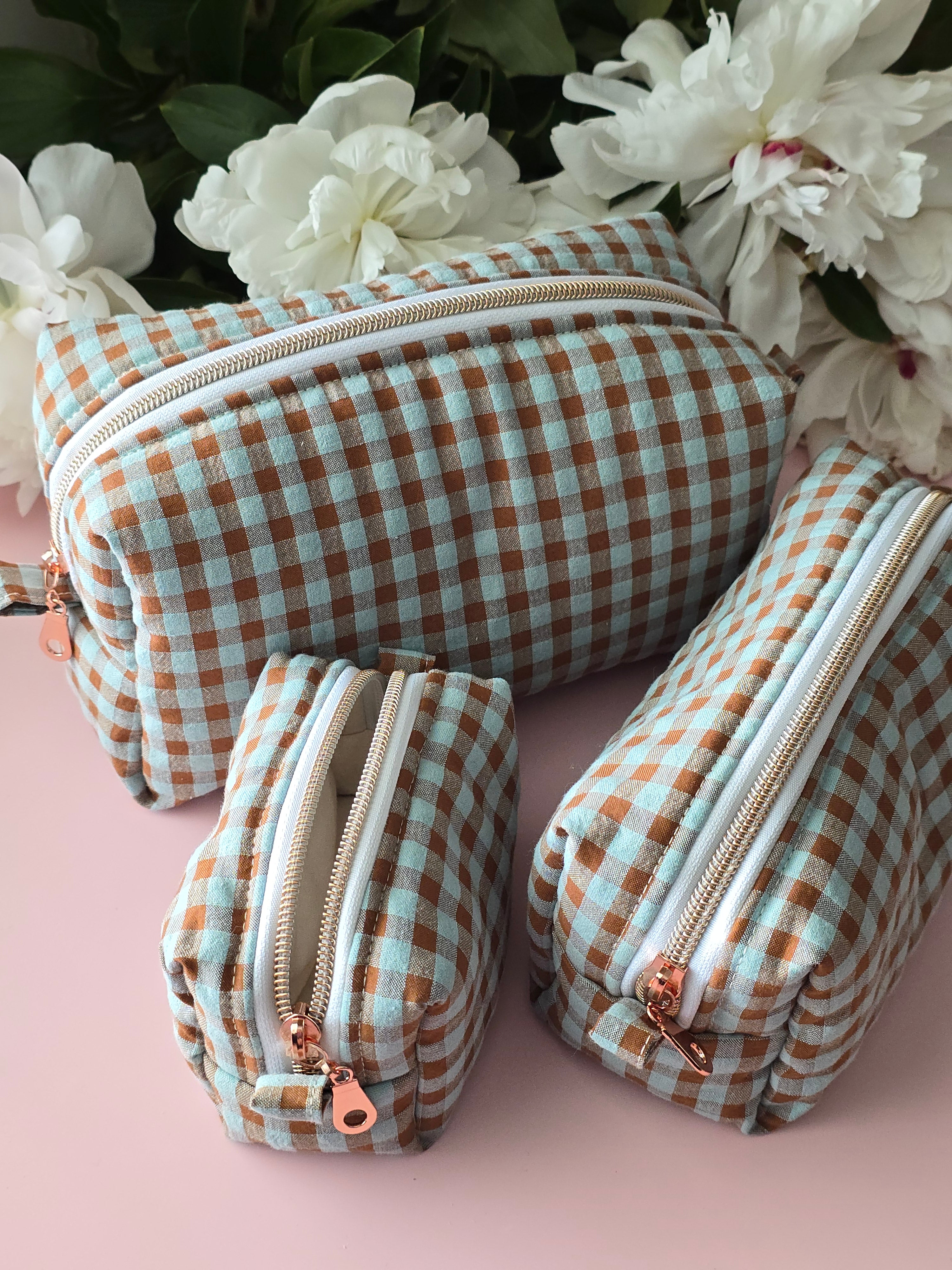 Gingham Cosmetic Bag – Green & Brown Checkered Pouch