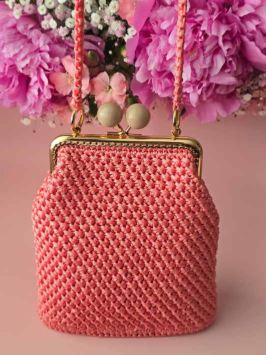 Coral Pink Crochet Kiss Lock Bag