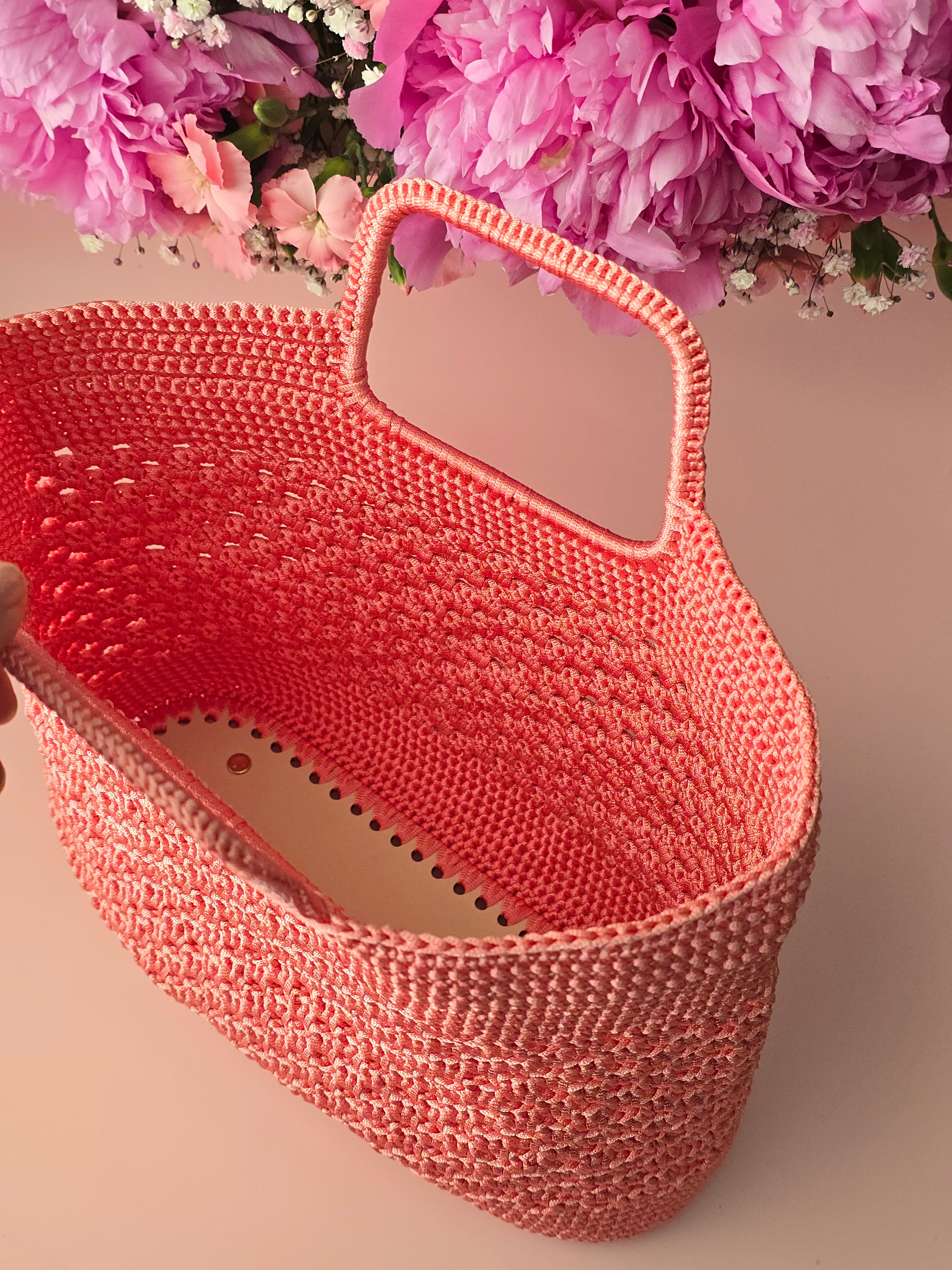 Blush Coral Crochet Tote Bag