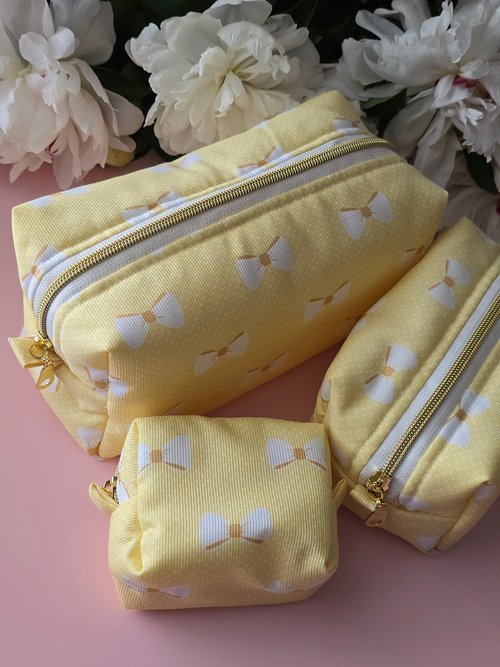 Yellow Bow Cosmetic Bag Set — 3 Pieces