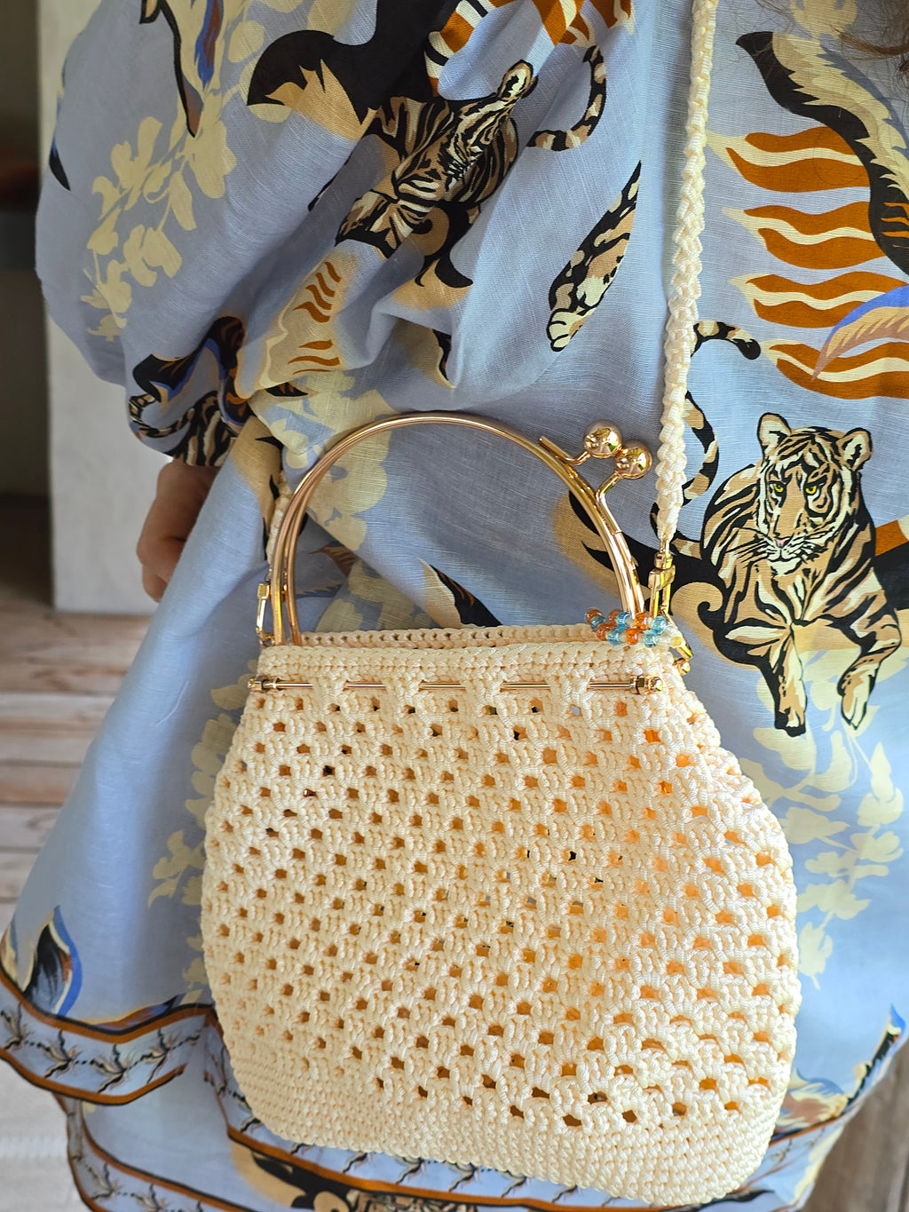 Handmade Crochet Kiss Lock Bag – Cream Evening Handbag