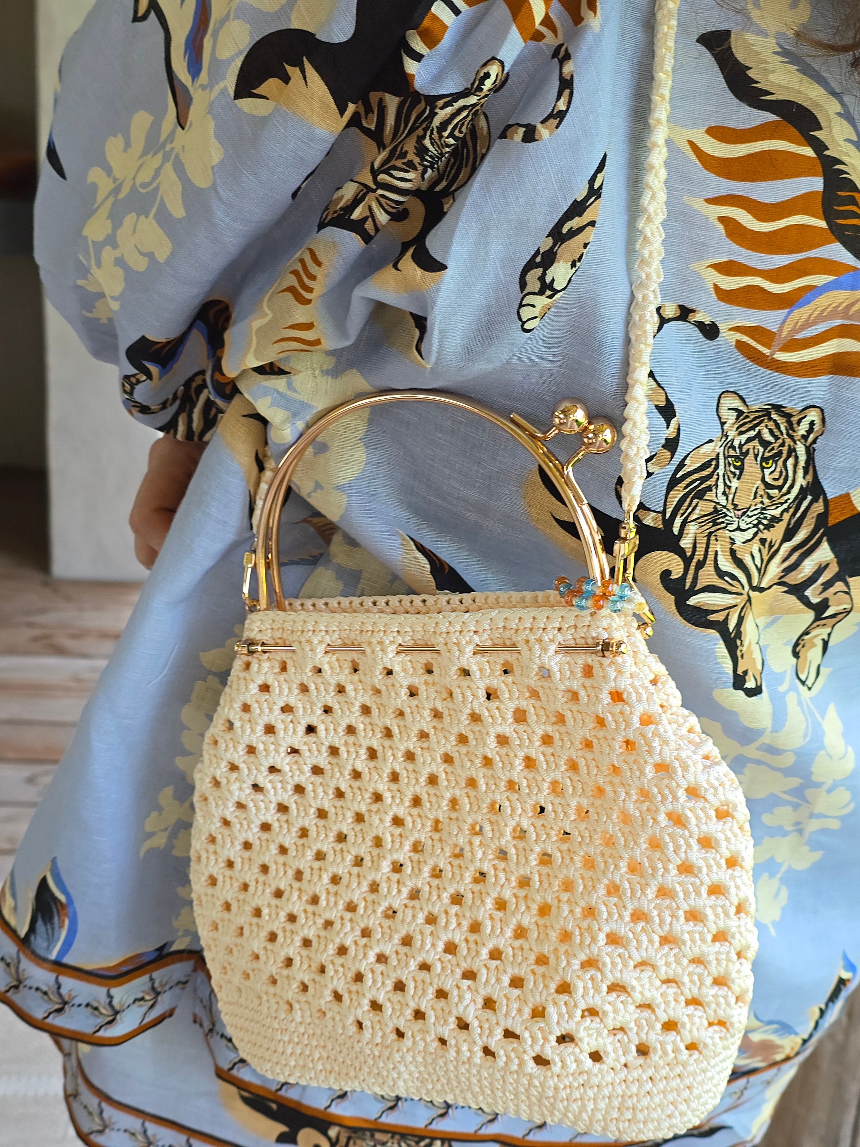 Handmade Crochet Kiss Lock Bag – Cream Evening Handbag