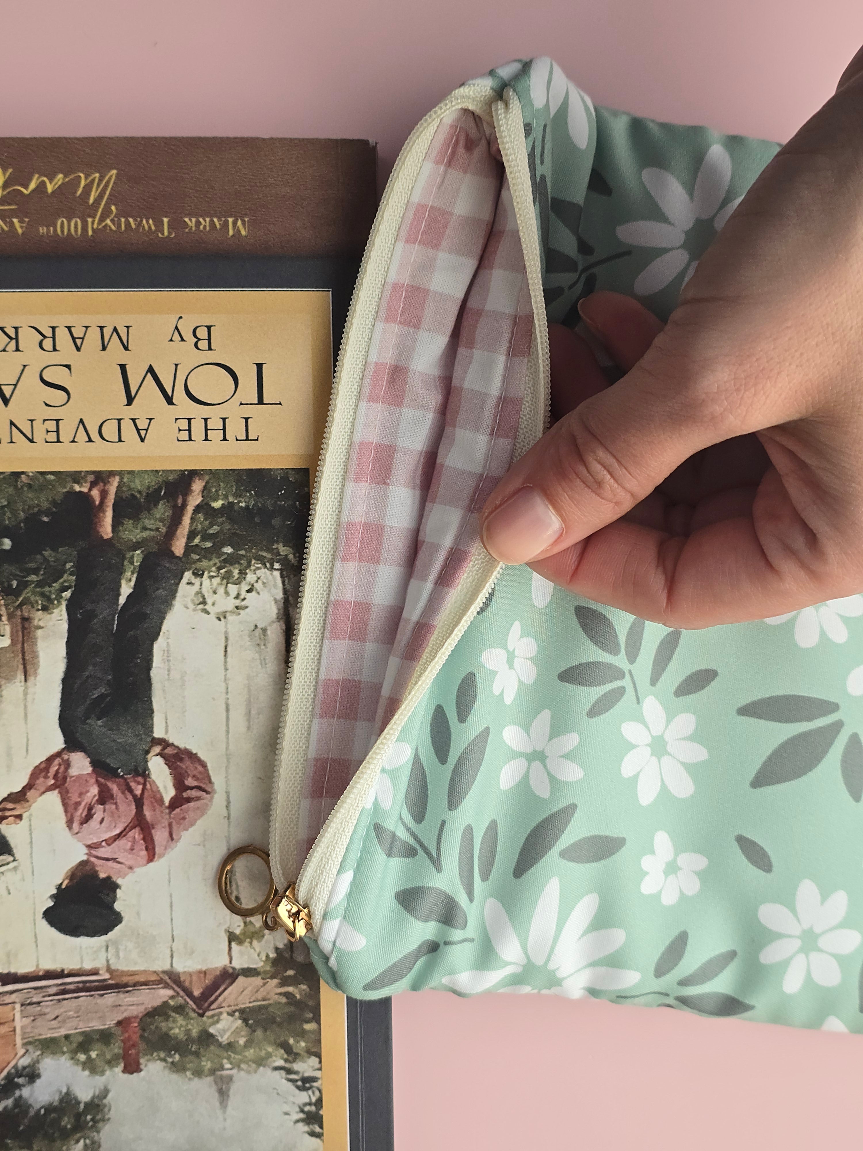Mint Floral Book Sleeve – Handmade Zipper Pouch