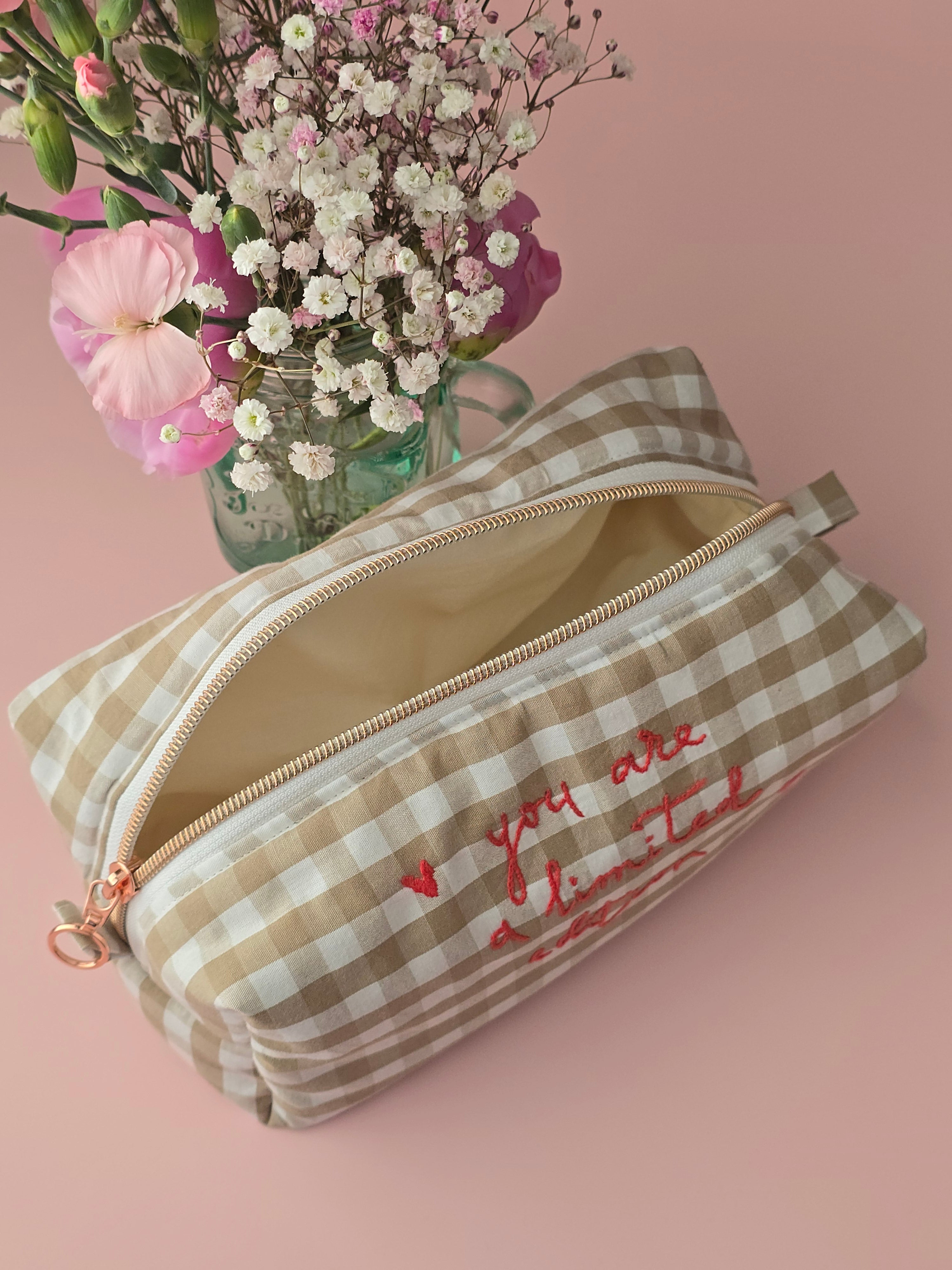 Beige Gingham Cosmetic Pouch – Limited Edition