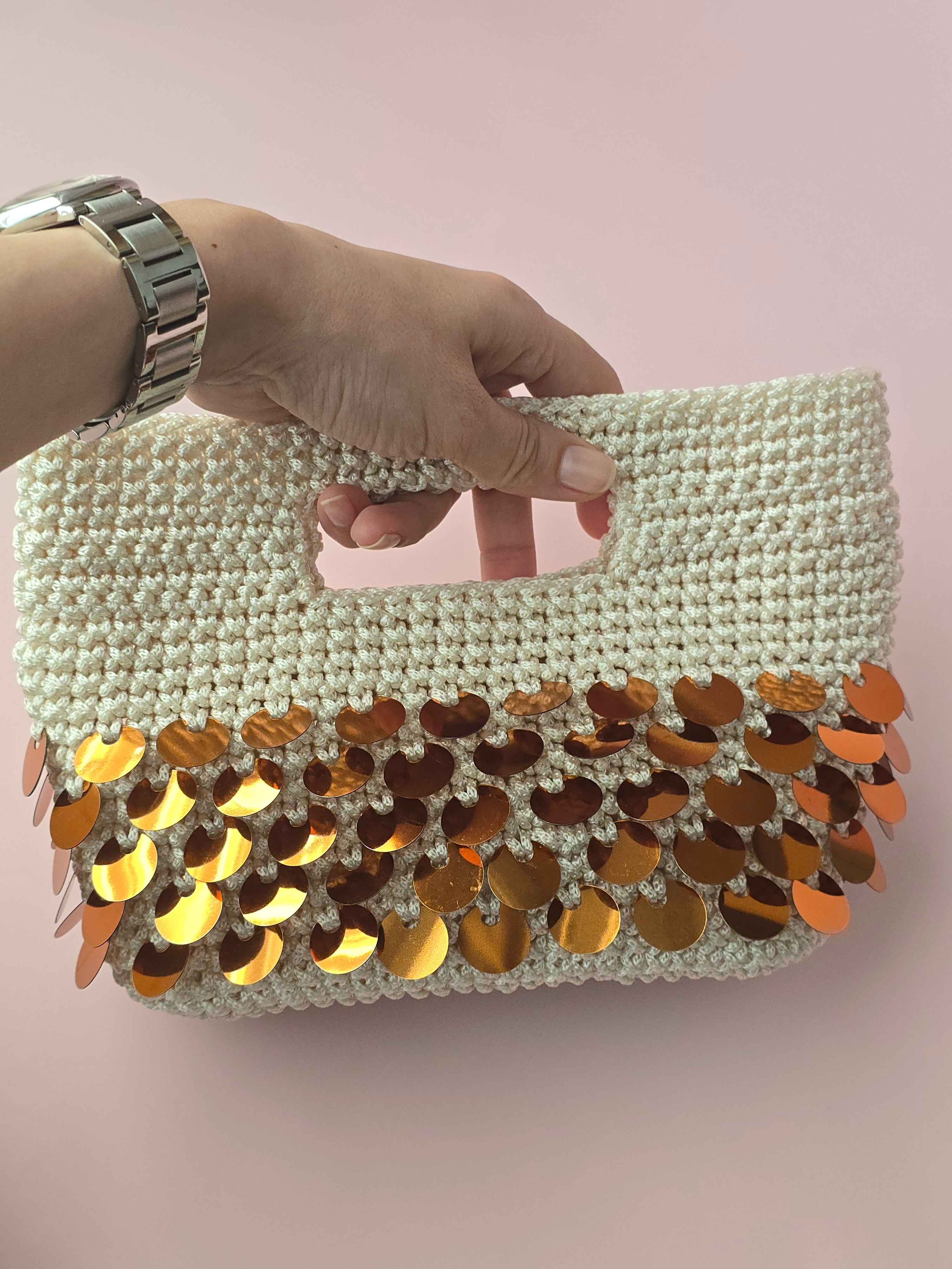 Handmade Crochet Sequin Clutch Bag – Ivory & Gold | Elegant Evening Bag