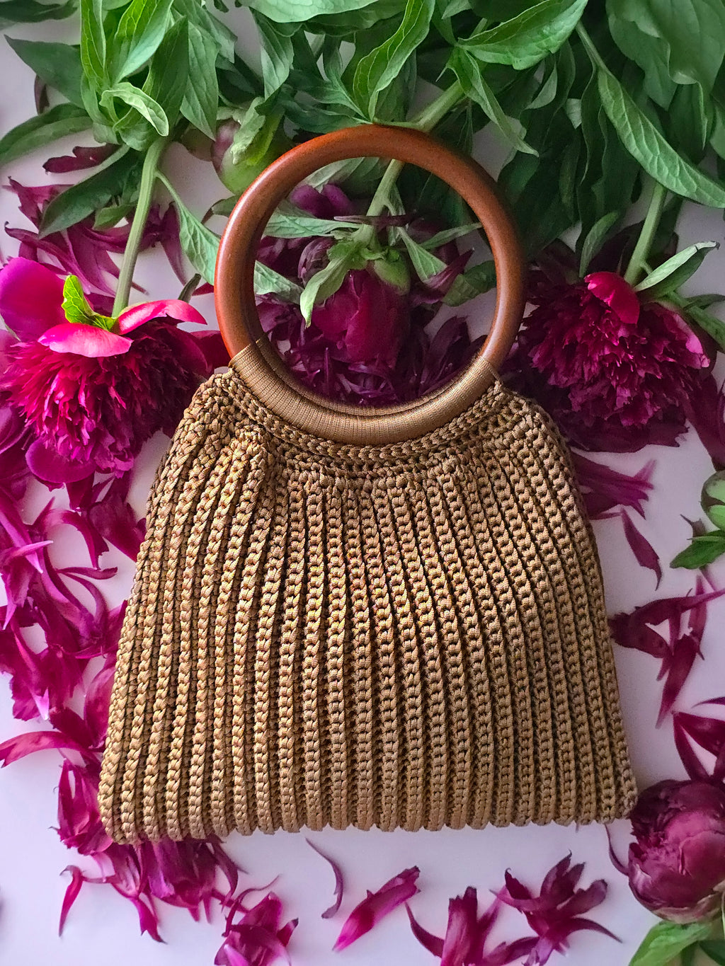 Handmade Crochet Bag with Wooden Handle