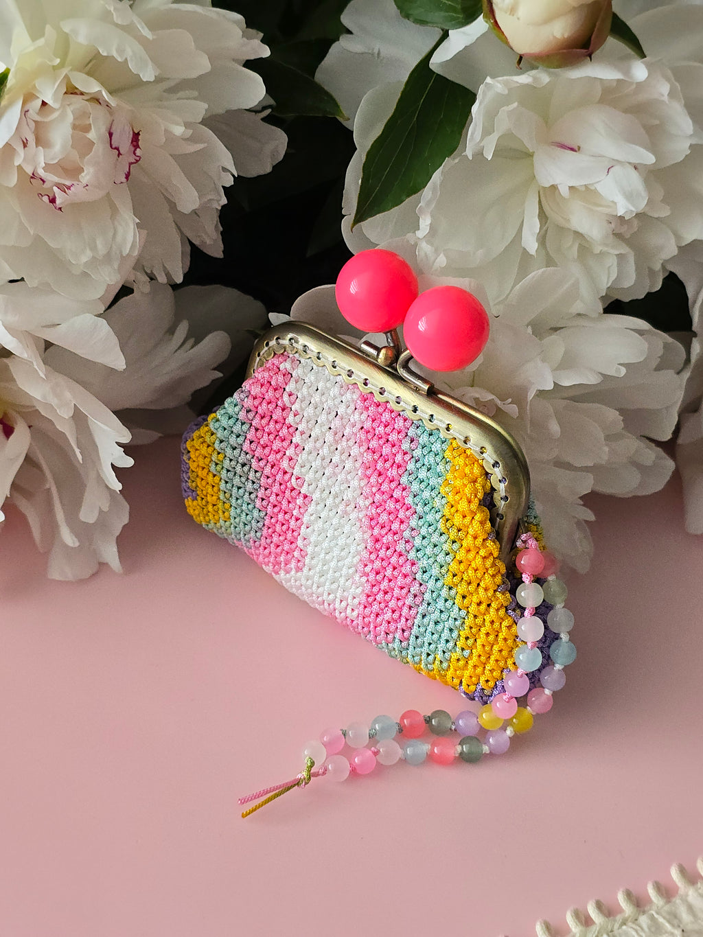 Rainbow Crochet Coin Purse with Beaded Charm