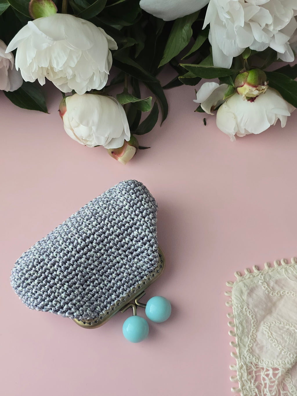 Handmade Crochet Frame Wallet – Grey with Mint Clasp