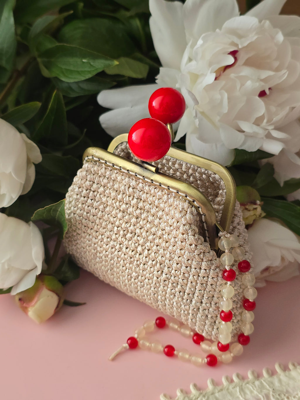 Crochet Coin Purse with Red Bead Charm
