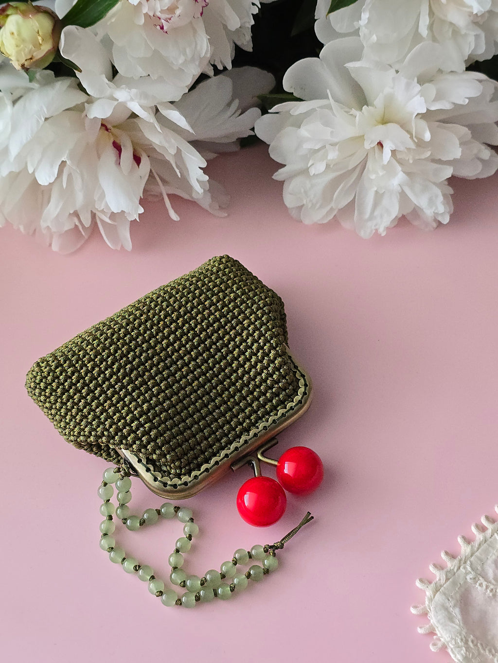 Olive Green Crochet Coin Purse with Cherry Clasp