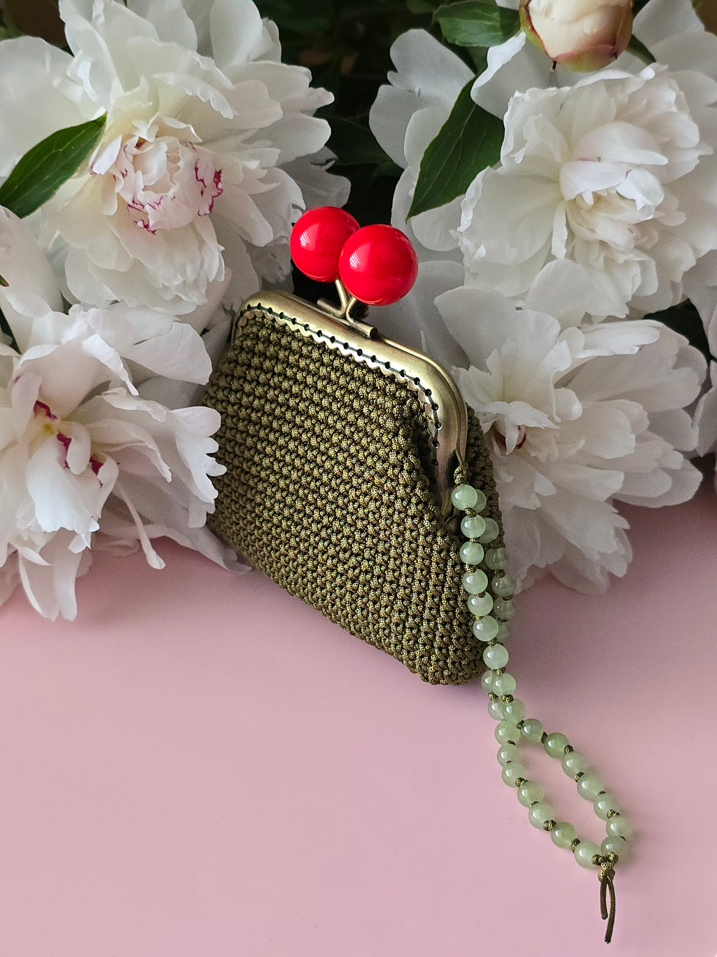 Olive Green Crochet Coin Purse with Cherry Clasp