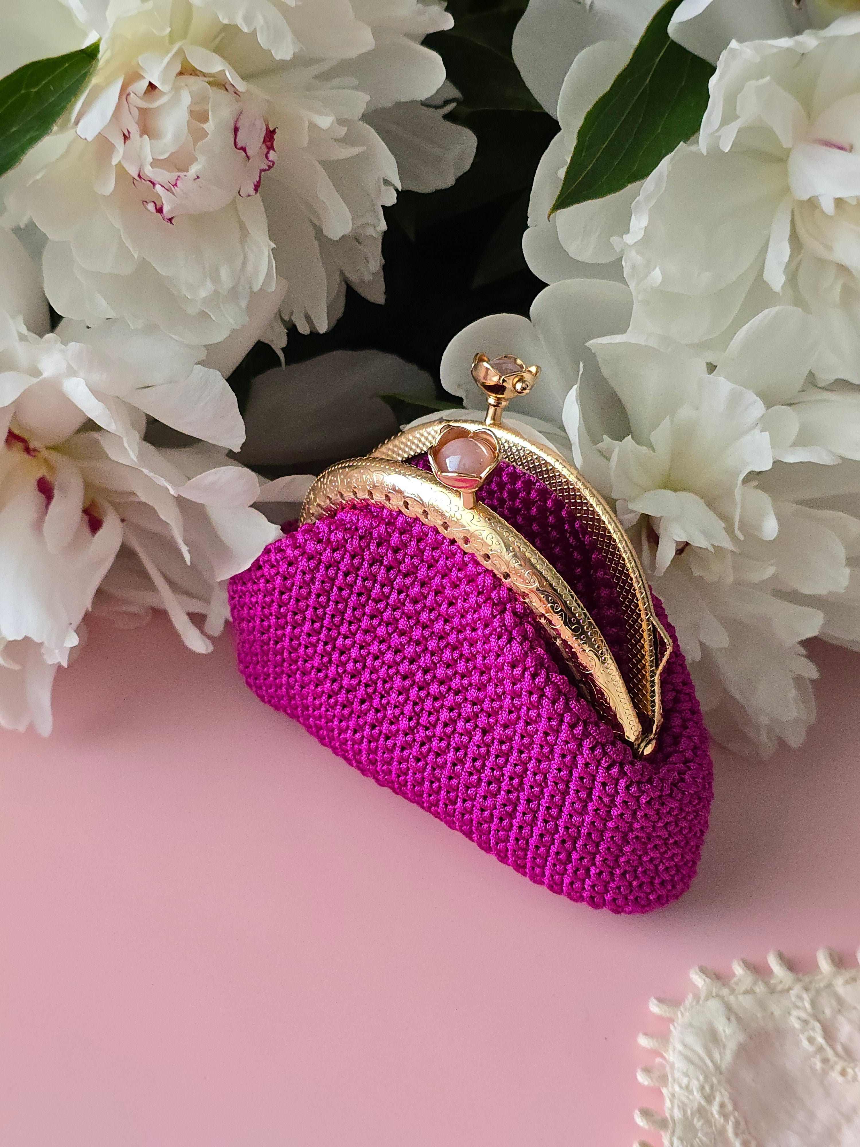 Fuchsia Crochet Coin Purse with Gold Clasp