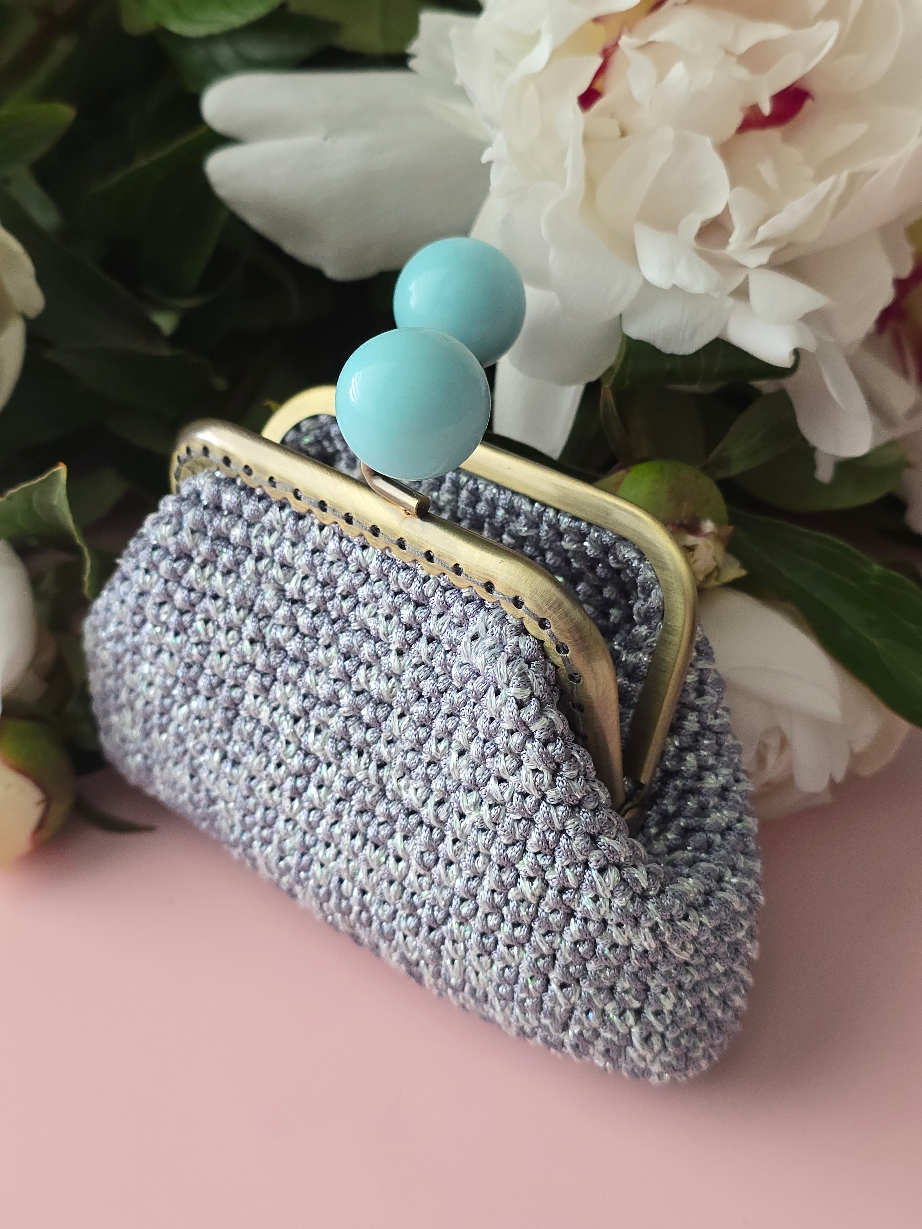 Handmade Crochet Frame Wallet – Grey with Mint Clasp