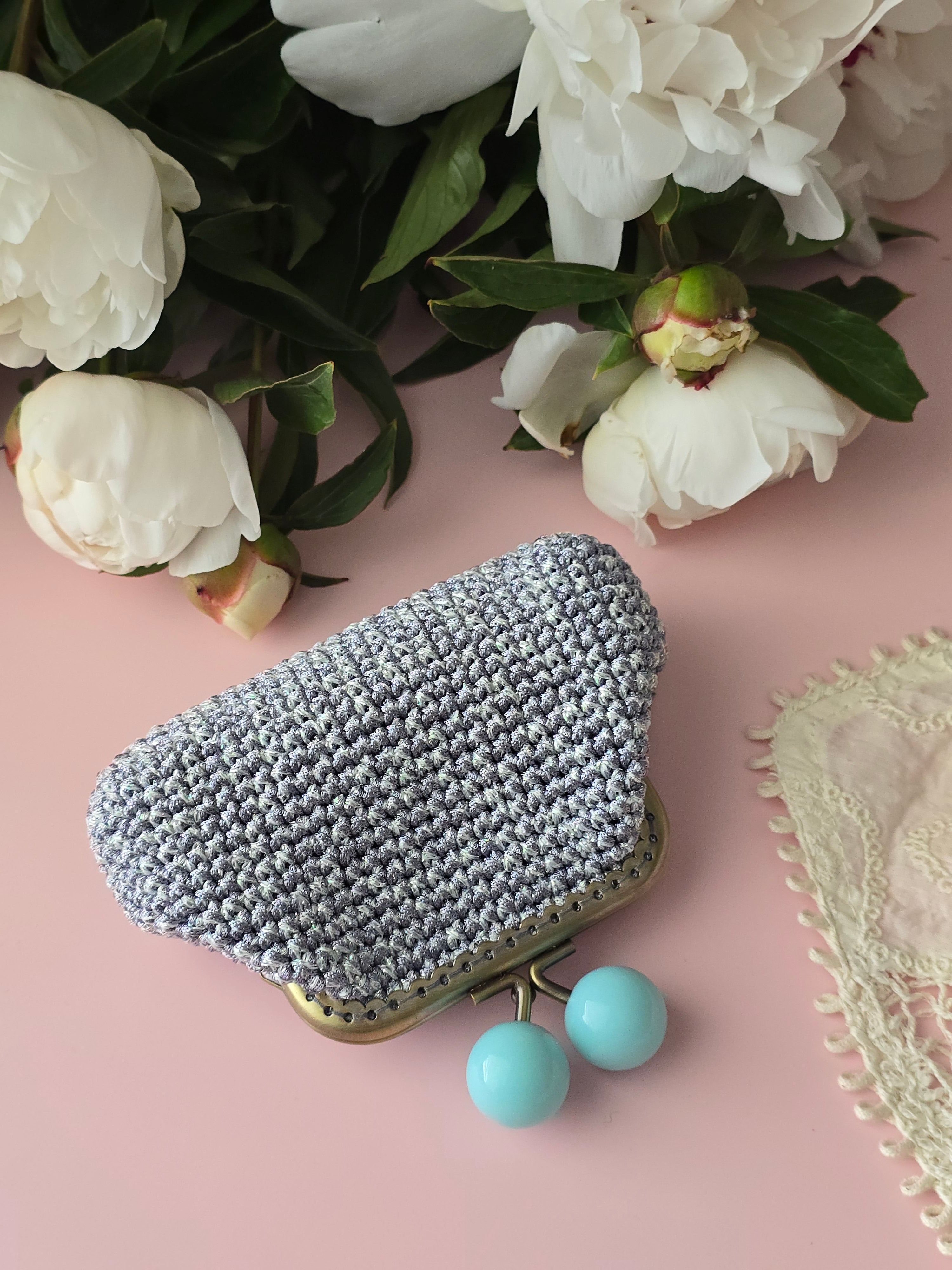 Handmade Crochet Frame Wallet – Grey with Mint Clasp