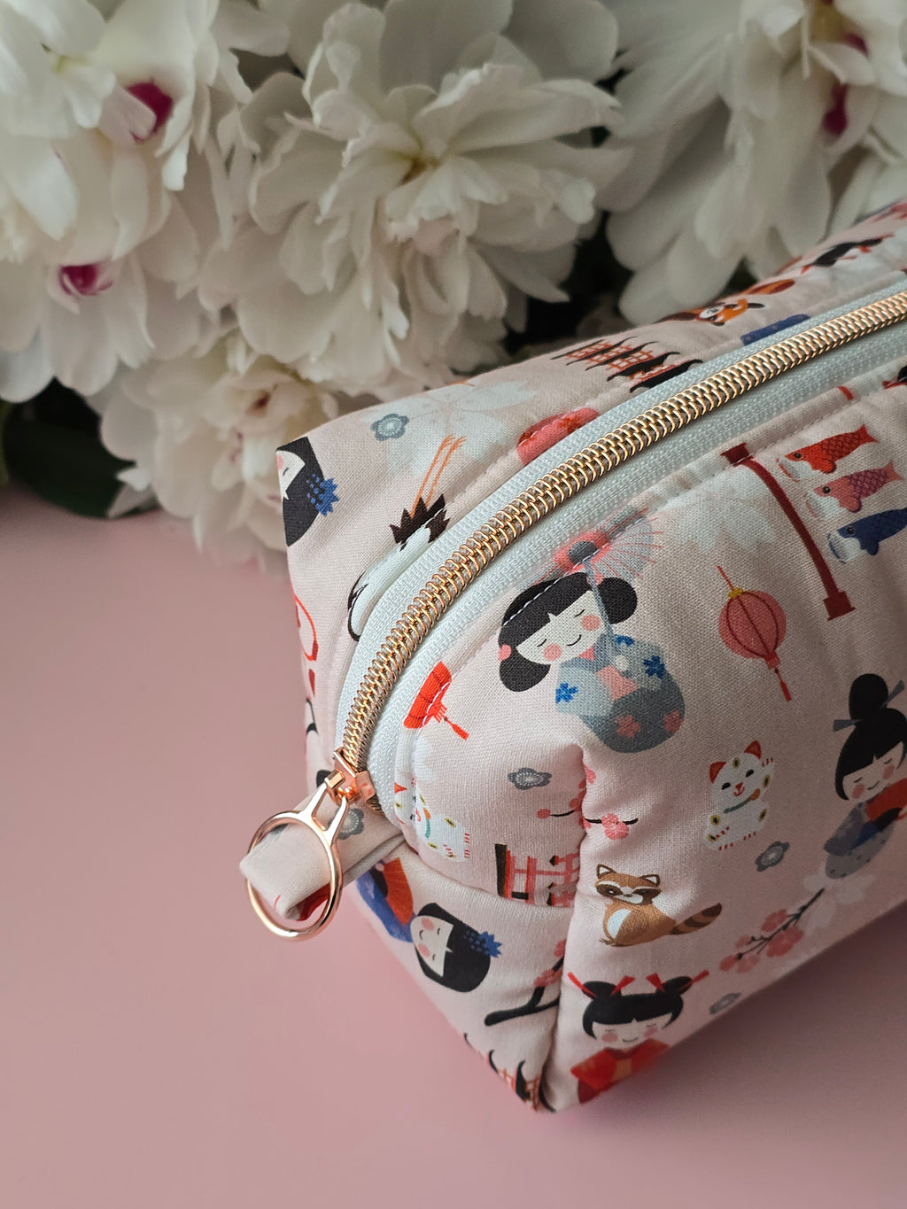 Handmade "Sakura & Kokeshi" Japanese Print Cotton Cosmetic Bag