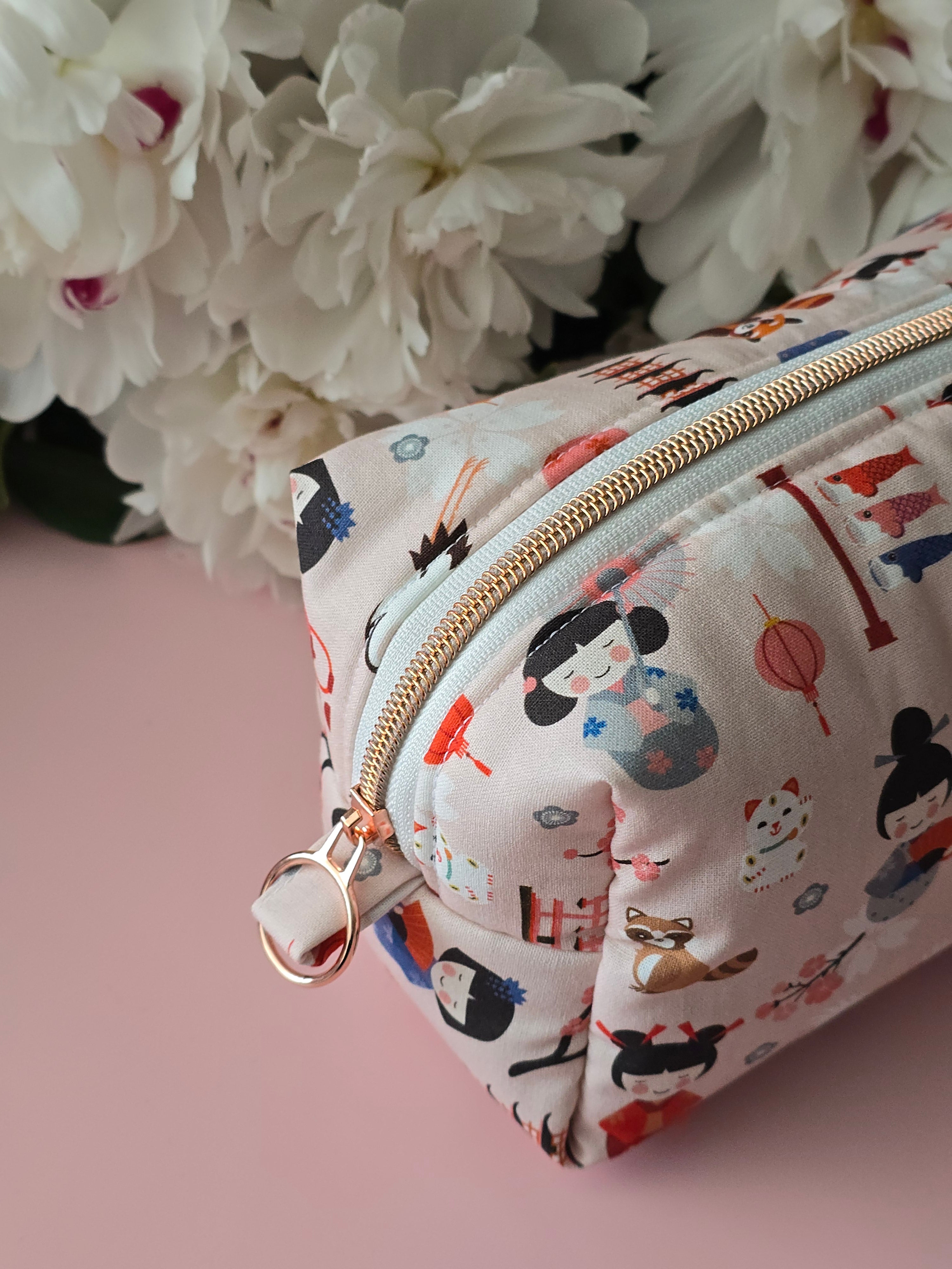 Handmade "Sakura & Kokeshi" Japanese Print Cotton Cosmetic Bag