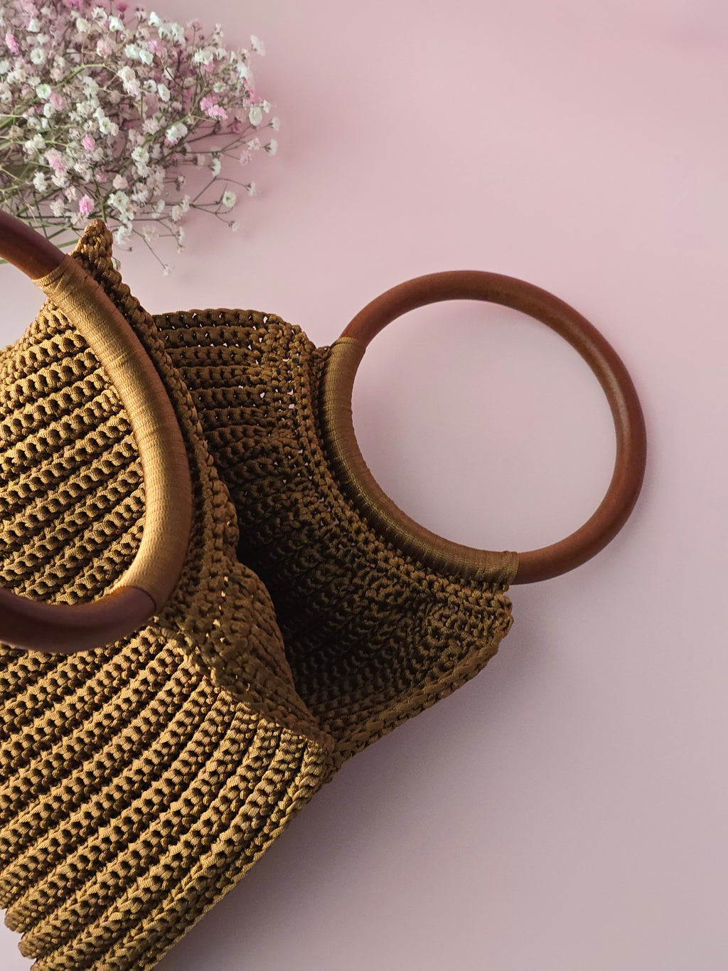 Handmade Crochet Bag with Wooden Handle