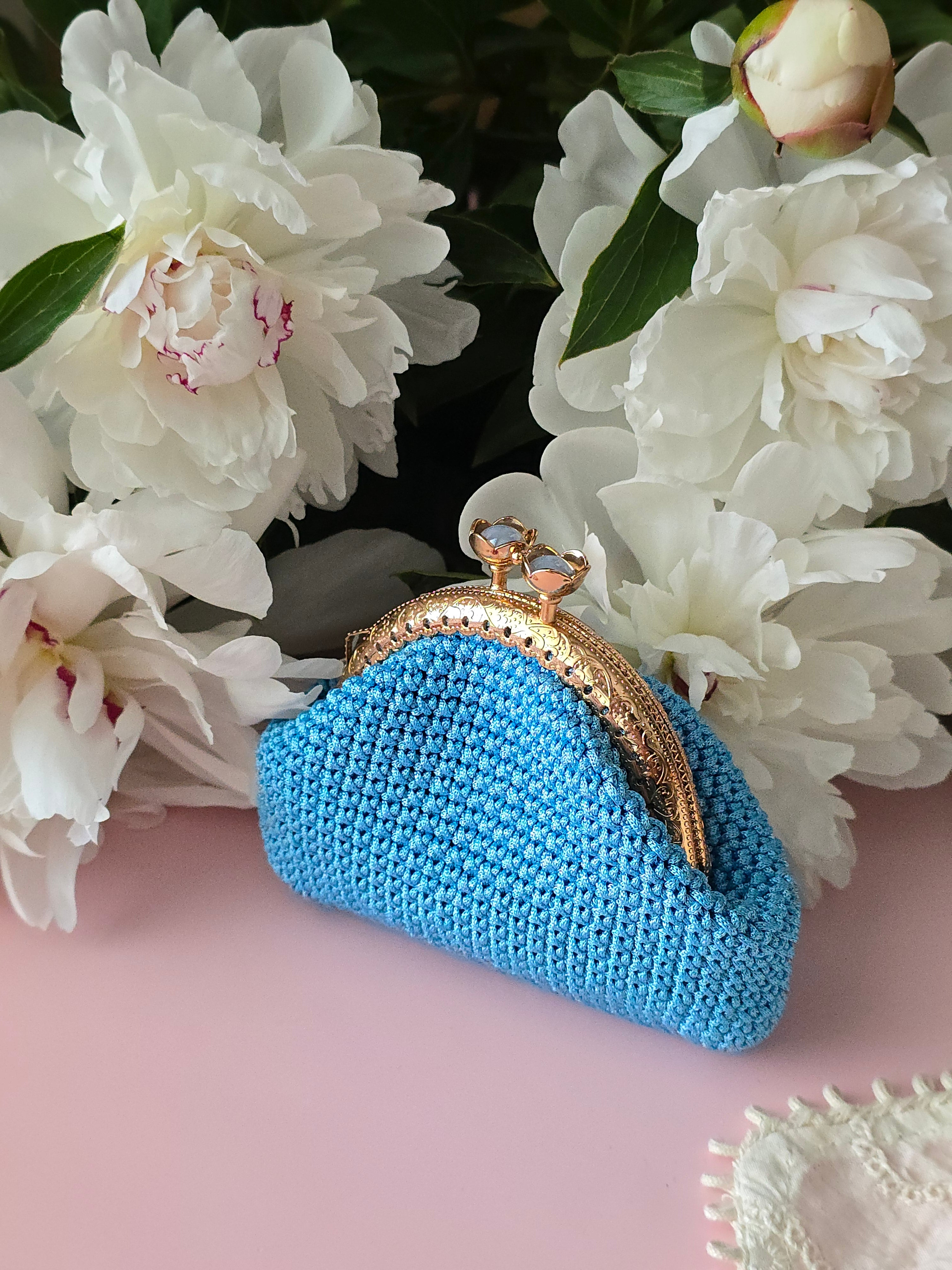Sky Blue Crochet Coin Purse with Gold Clasp