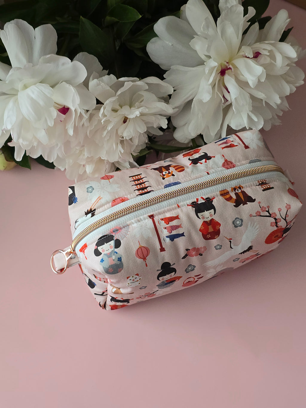 Handmade "Sakura & Kokeshi" Japanese Print Cotton Cosmetic Bag