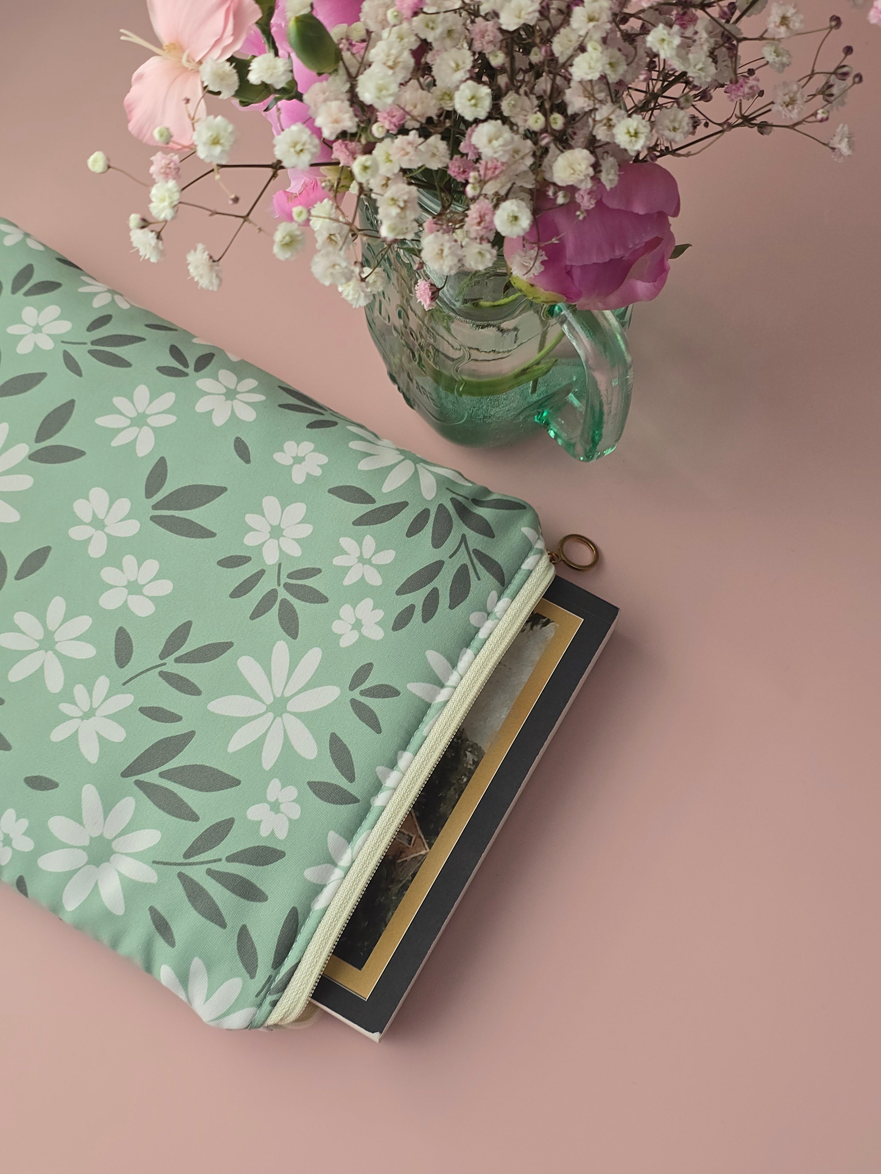 Mint Floral Book Sleeve – Handmade Zipper Pouch