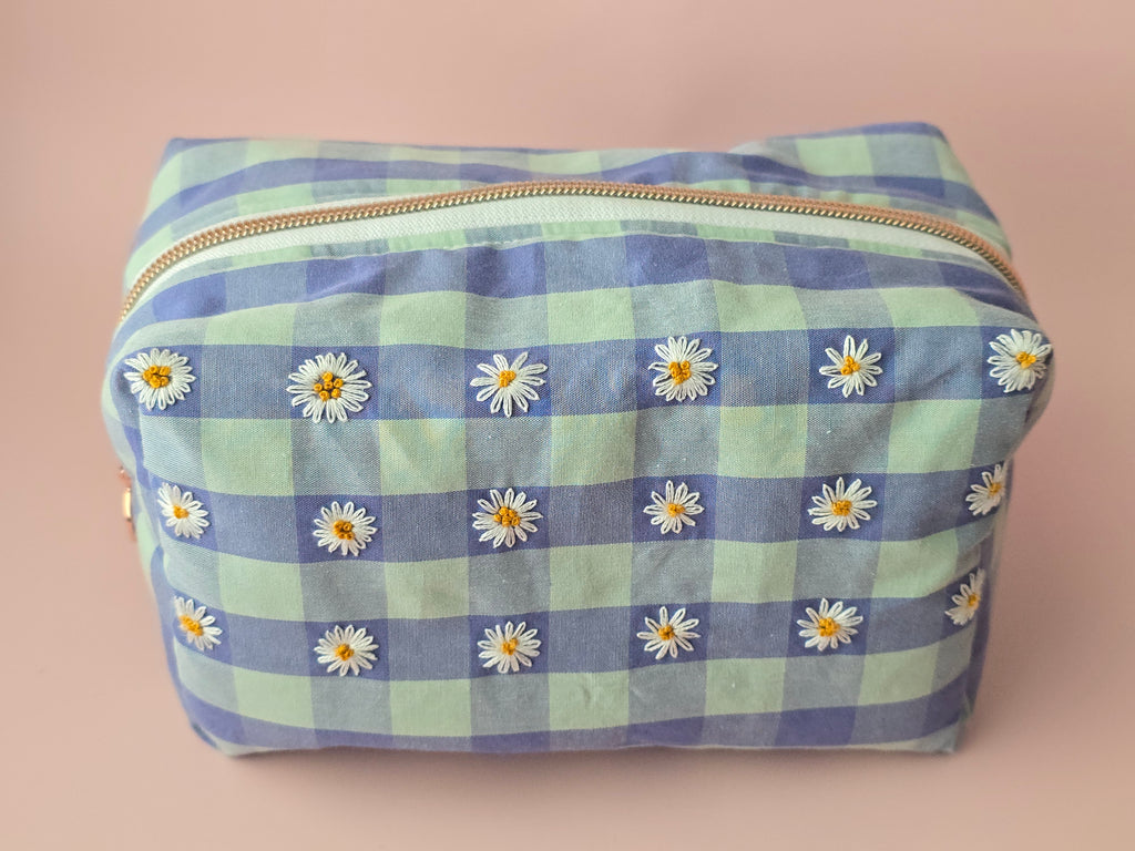 Blue Daisy Embroidered Cosmetic Bag