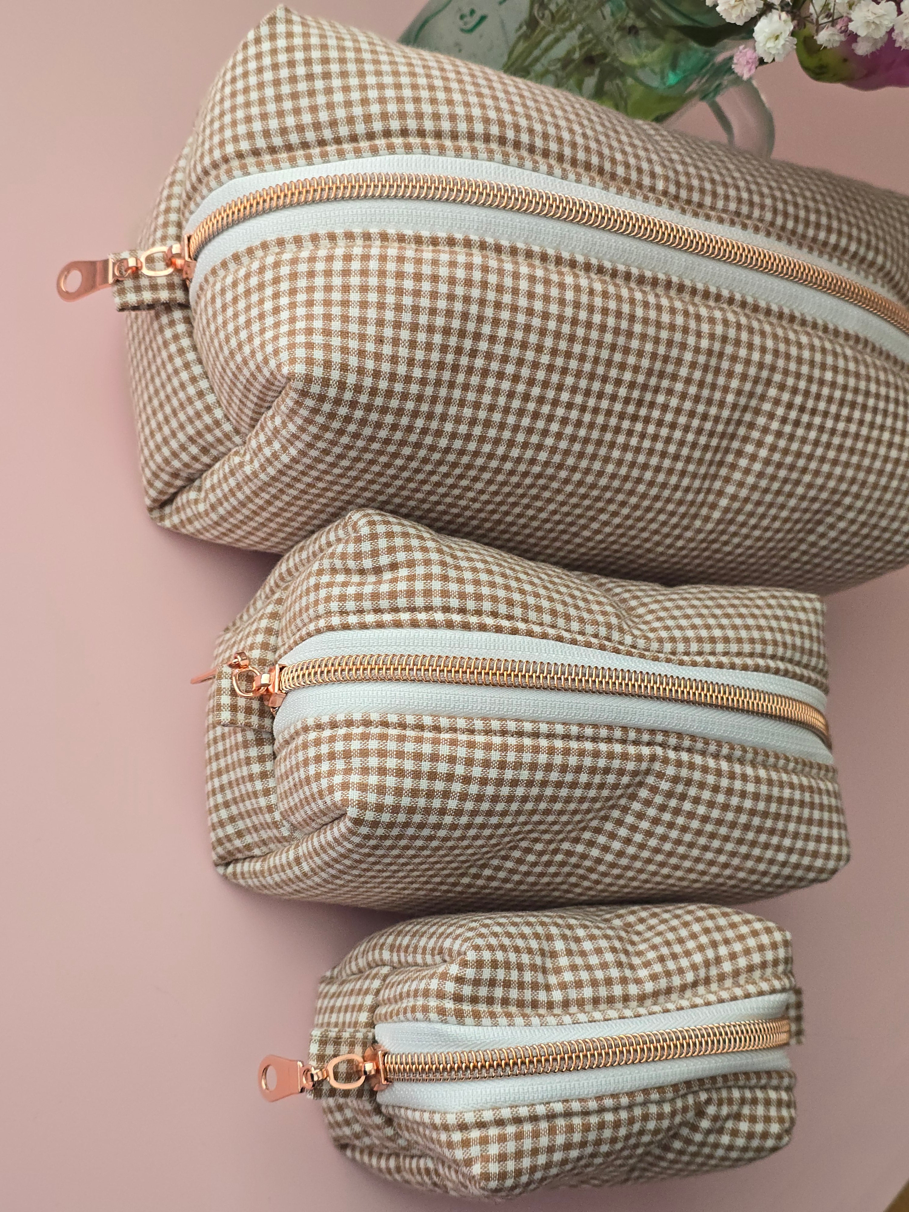 Beige Gingham Cosmetic Pouch Set