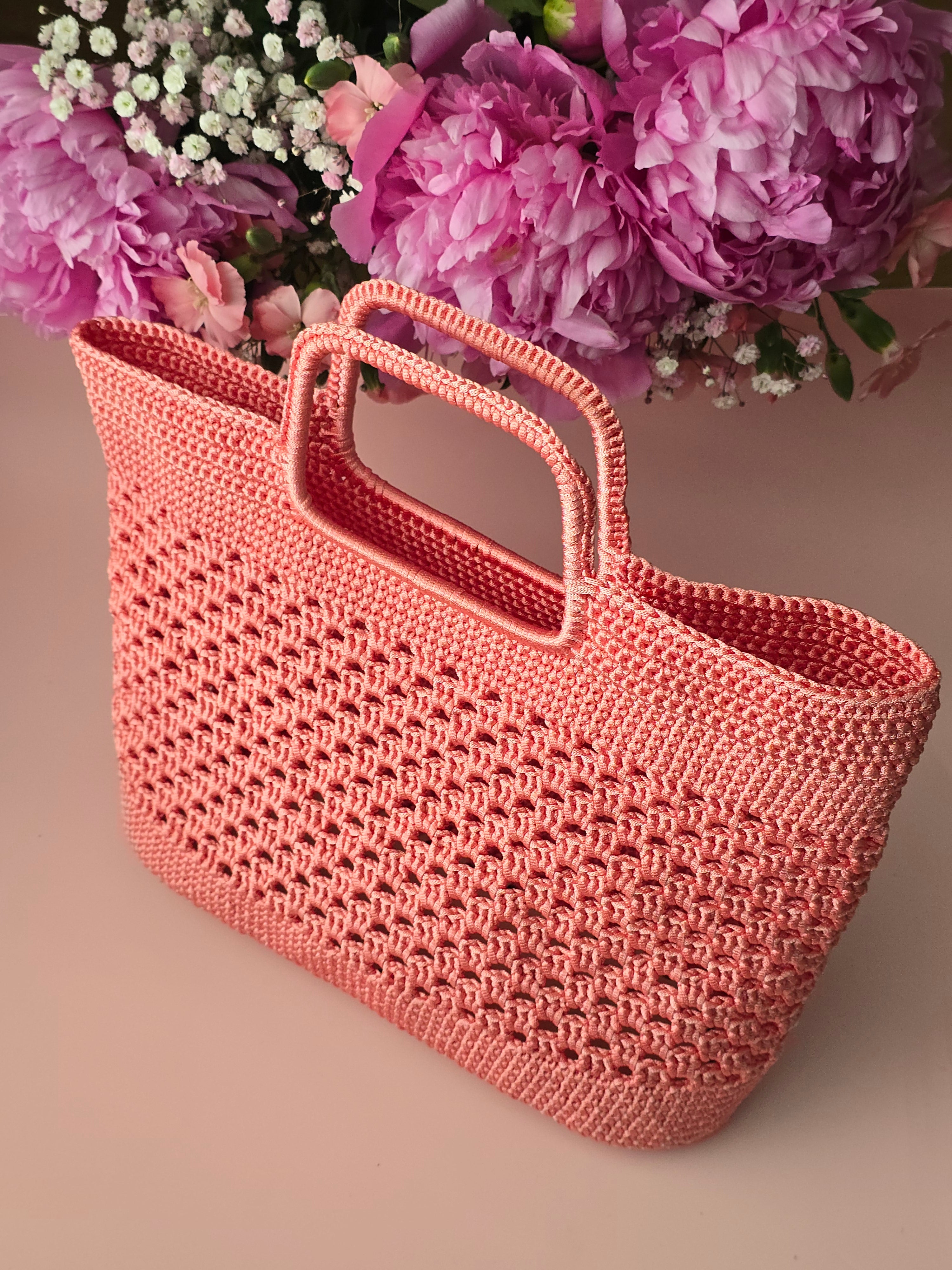 Blush Coral Crochet Tote Bag