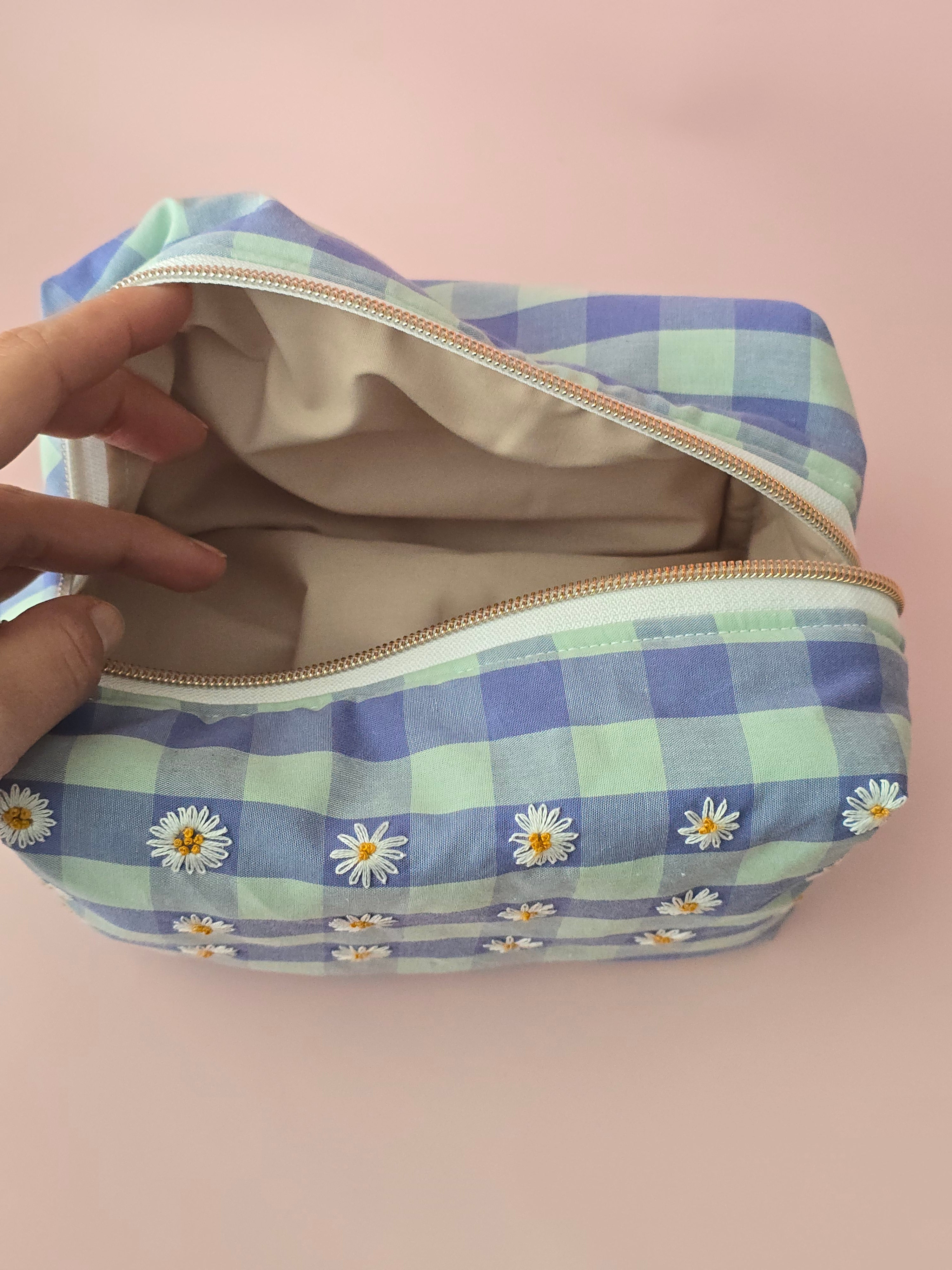 Blue Daisy Embroidered Cosmetic Bag