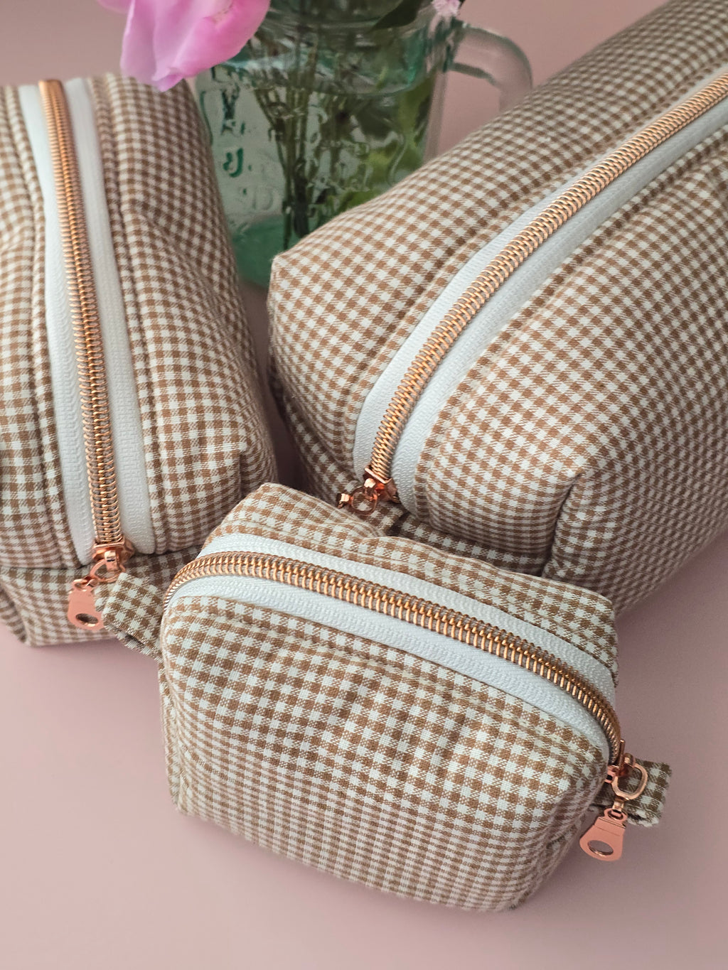 Beige Gingham Cosmetic Pouch Set