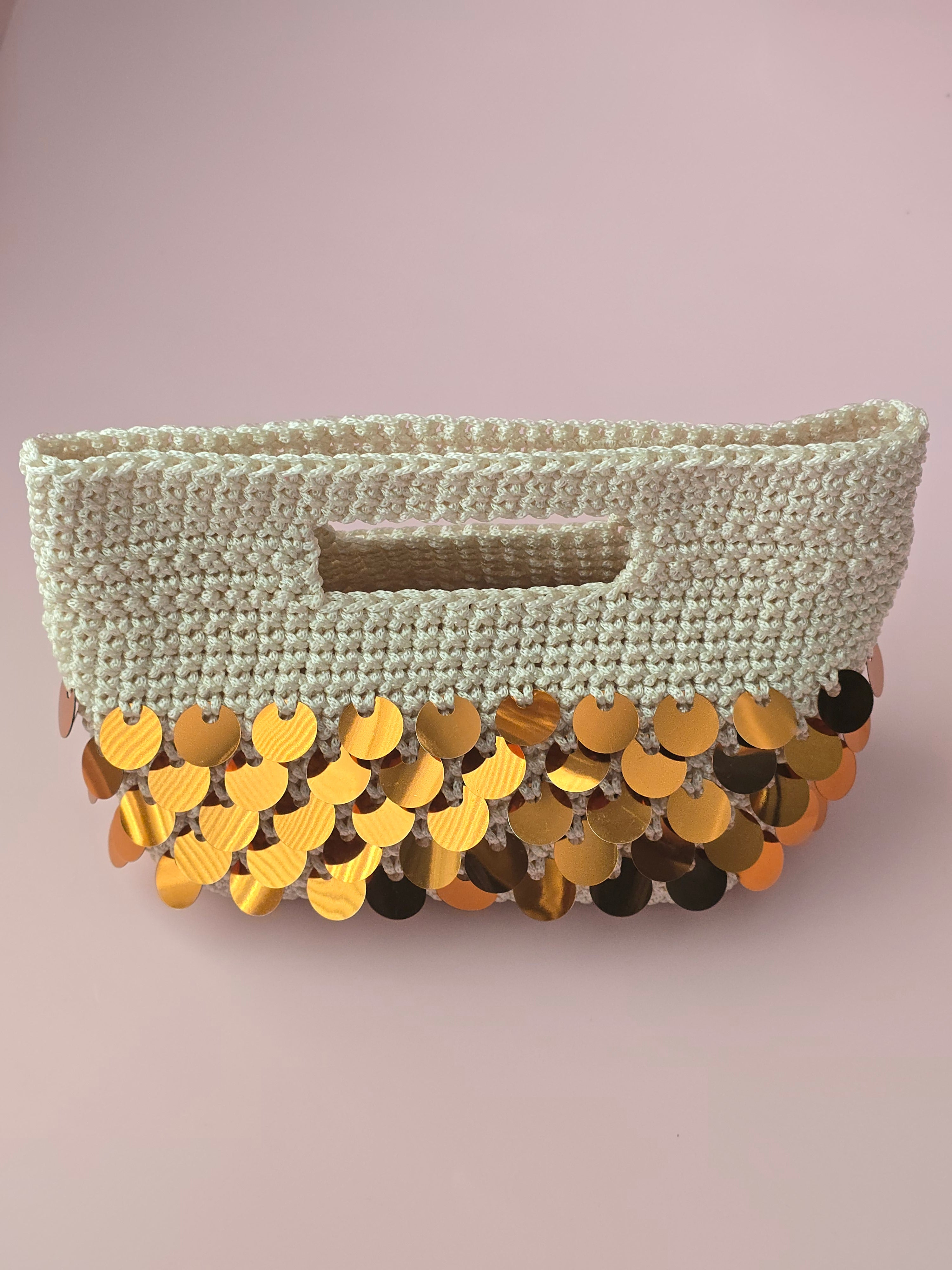 Handmade Crochet Sequin Clutch Bag – Ivory & Gold | Elegant Evening Bag