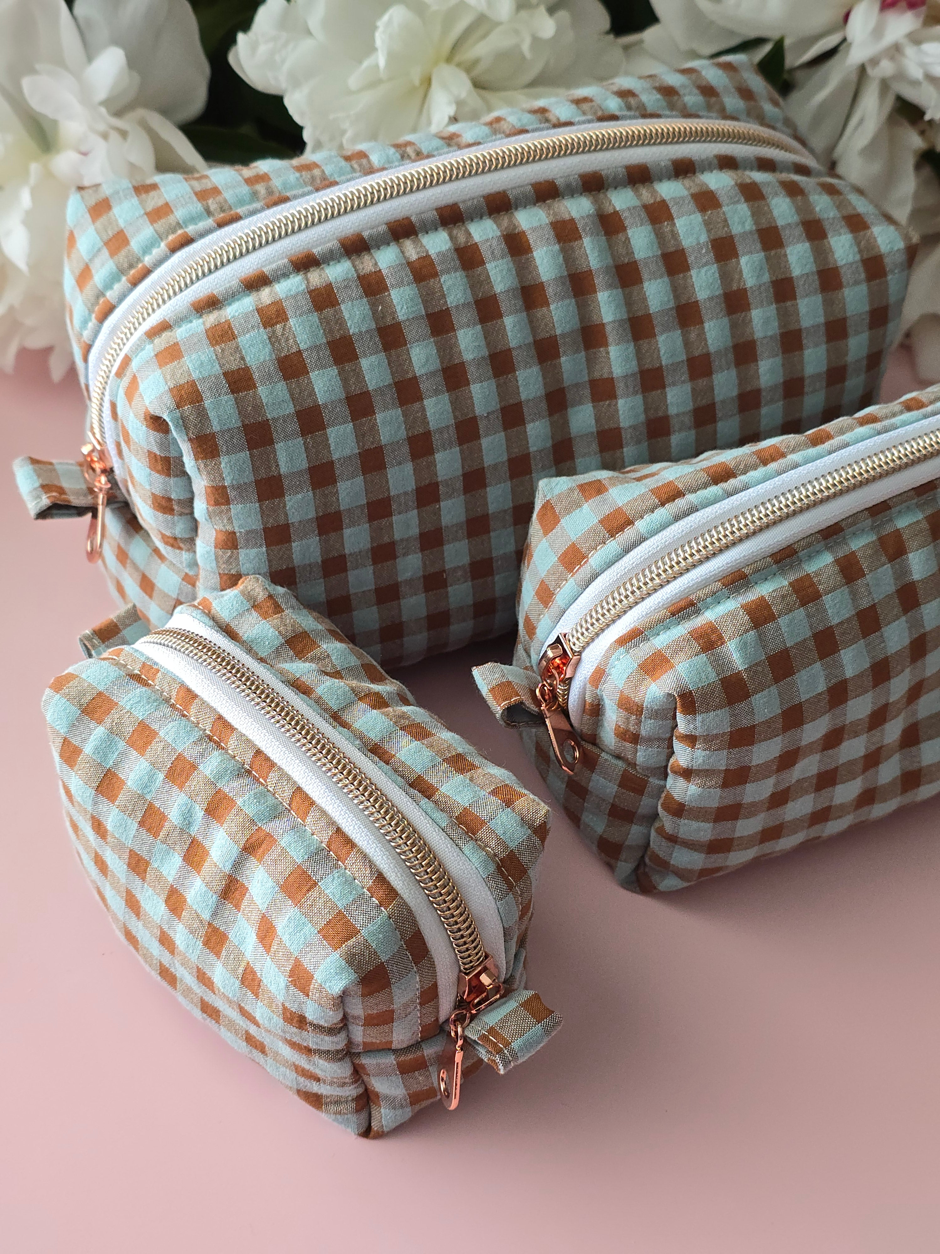 Gingham Cosmetic Bag – Green & Brown Checkered Pouch
