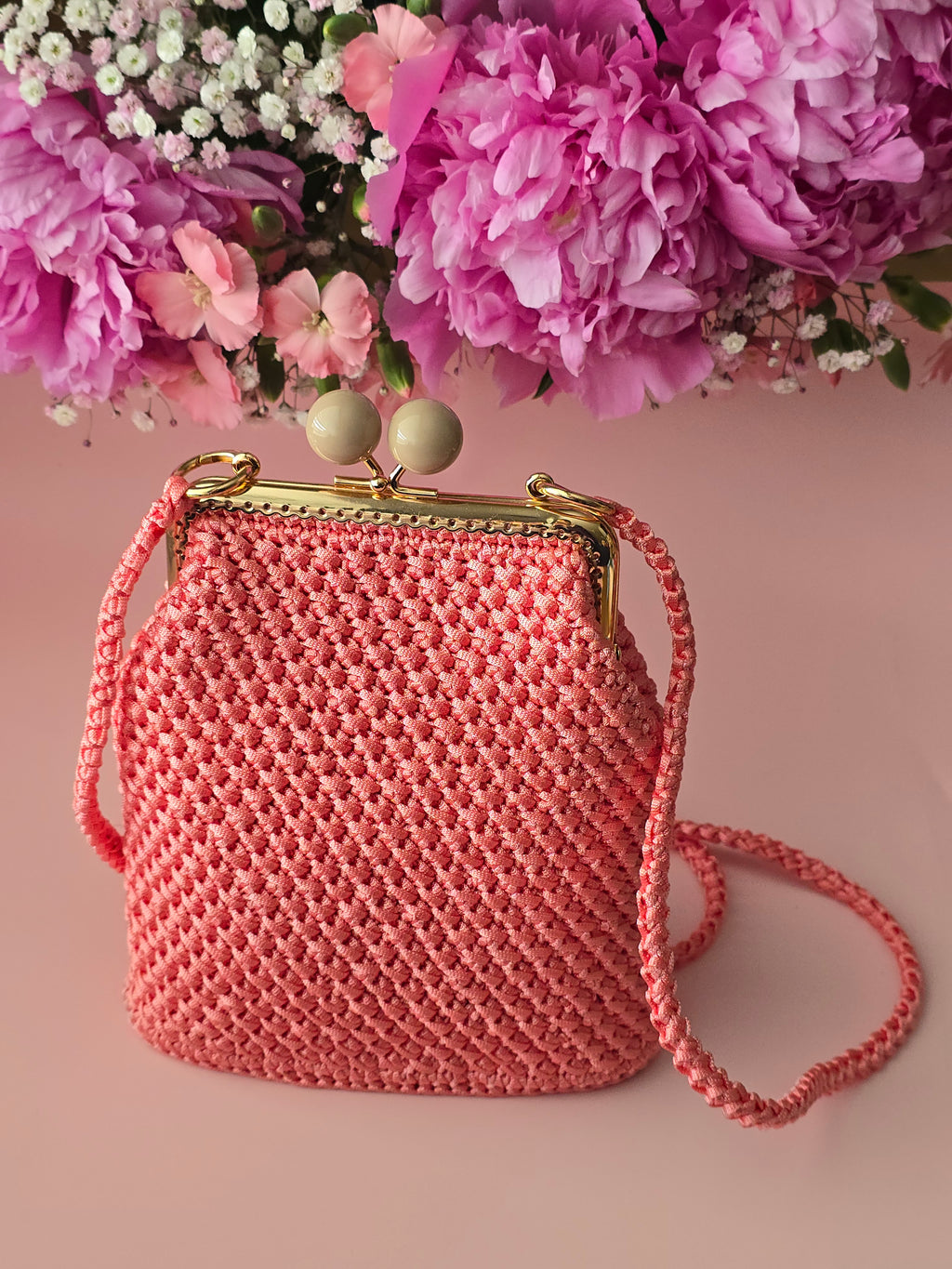 Coral Pink Crochet Kiss Lock Bag