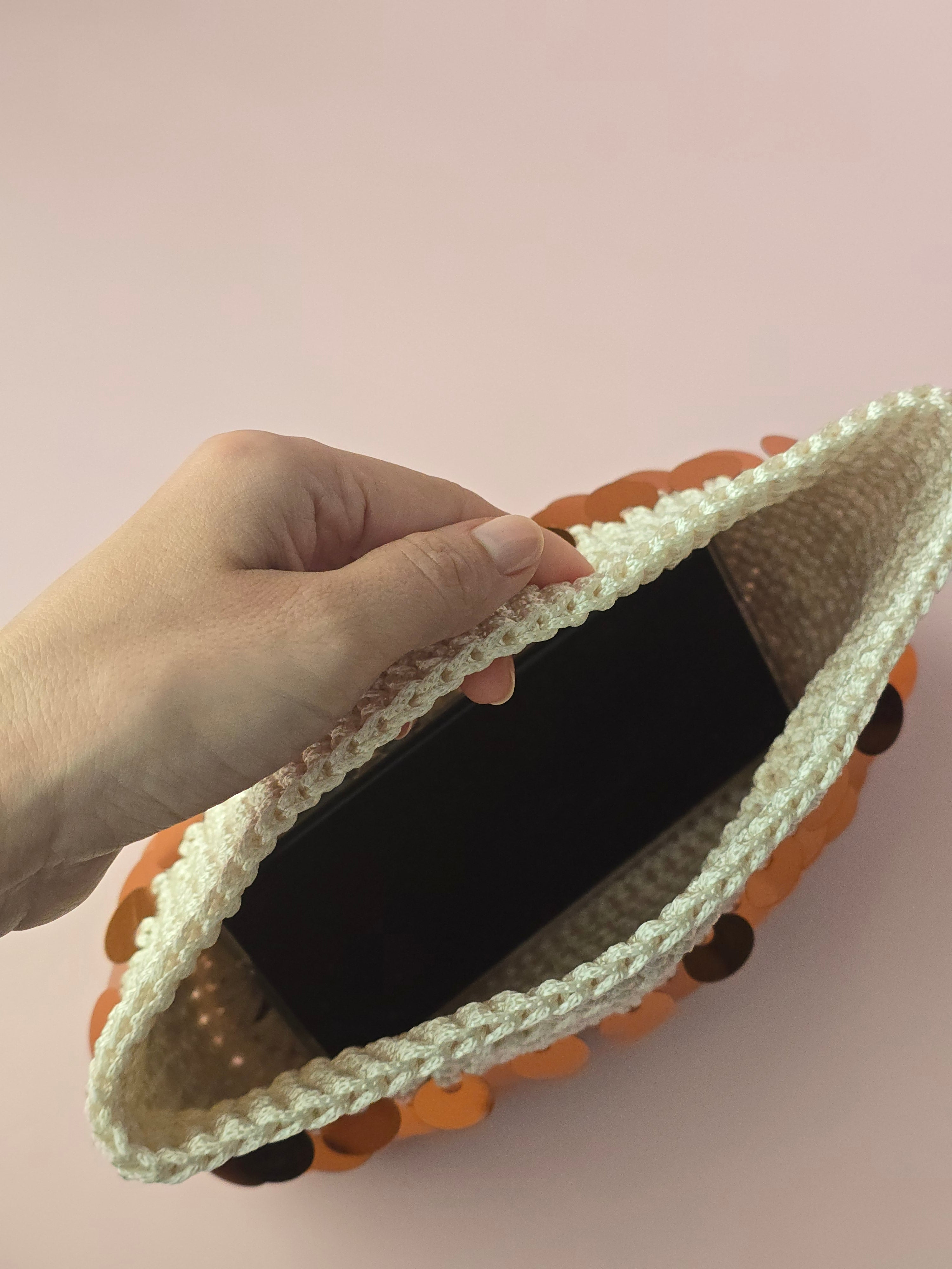 Handmade Crochet Sequin Clutch Bag – Ivory & Gold | Elegant Evening Bag