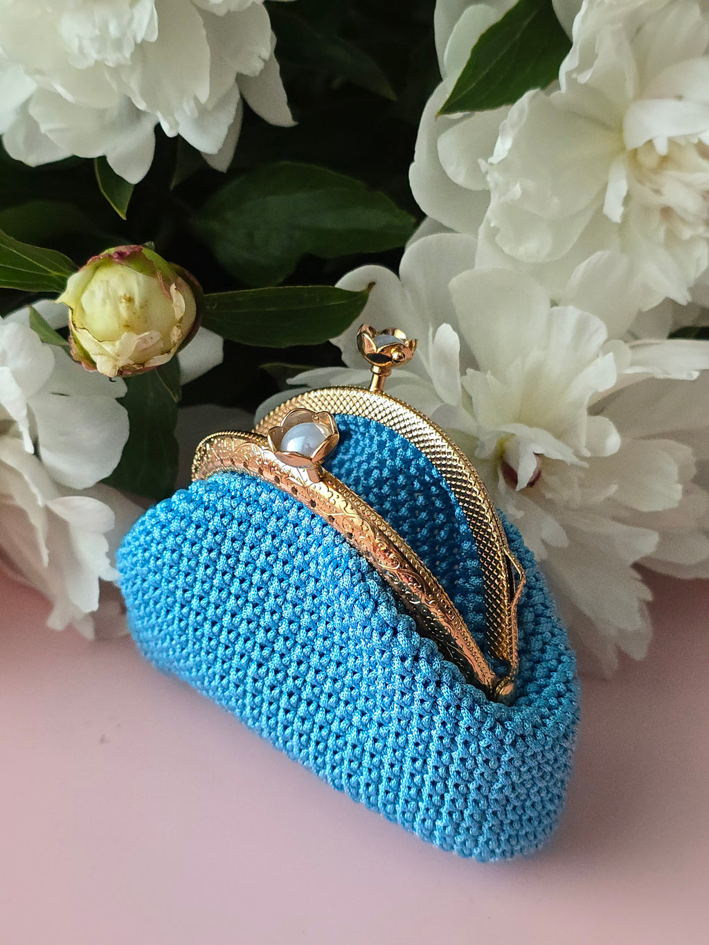 Sky Blue Crochet Coin Purse with Gold Clasp