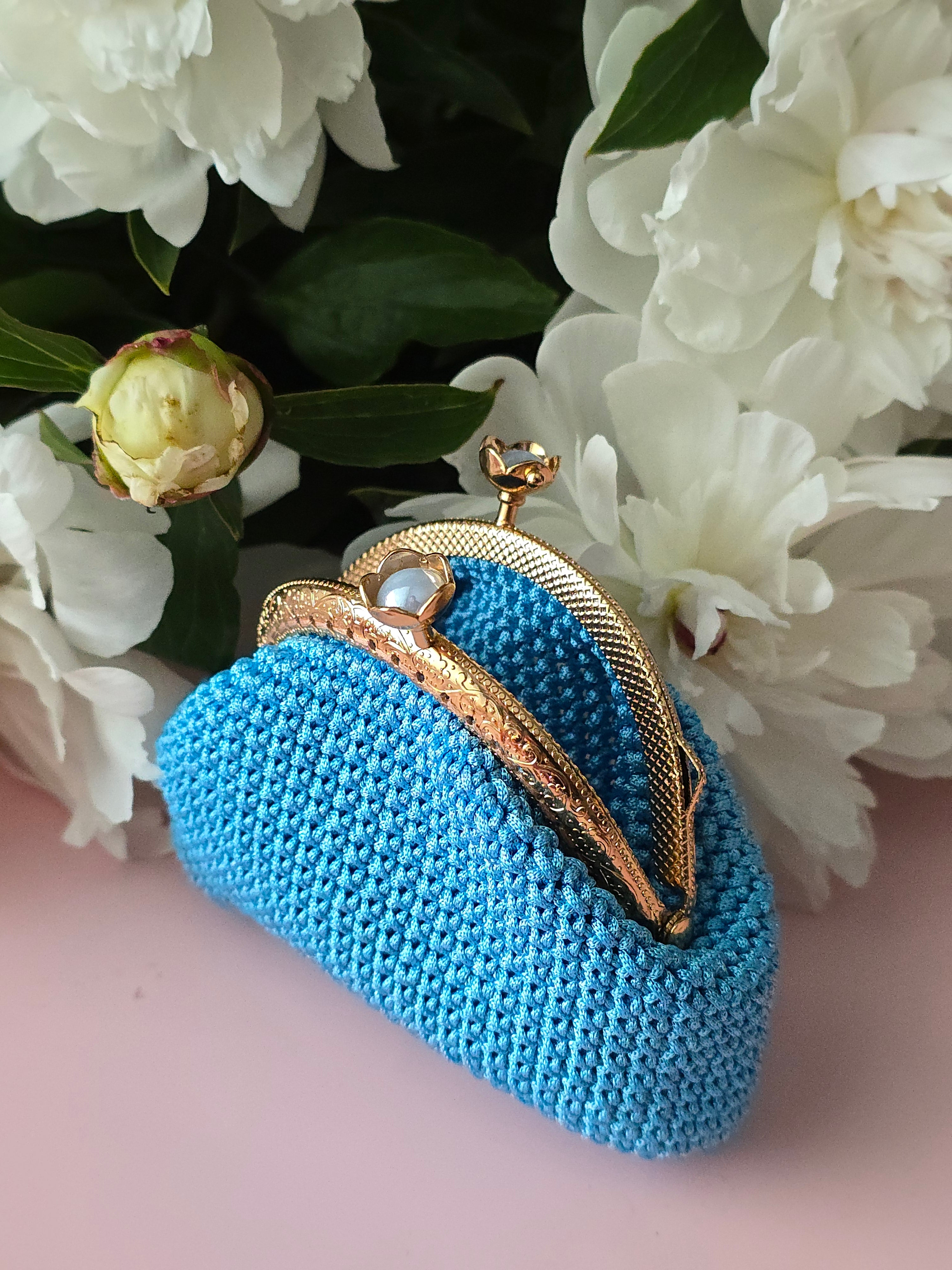 Sky Blue Crochet Coin Purse with Gold Clasp