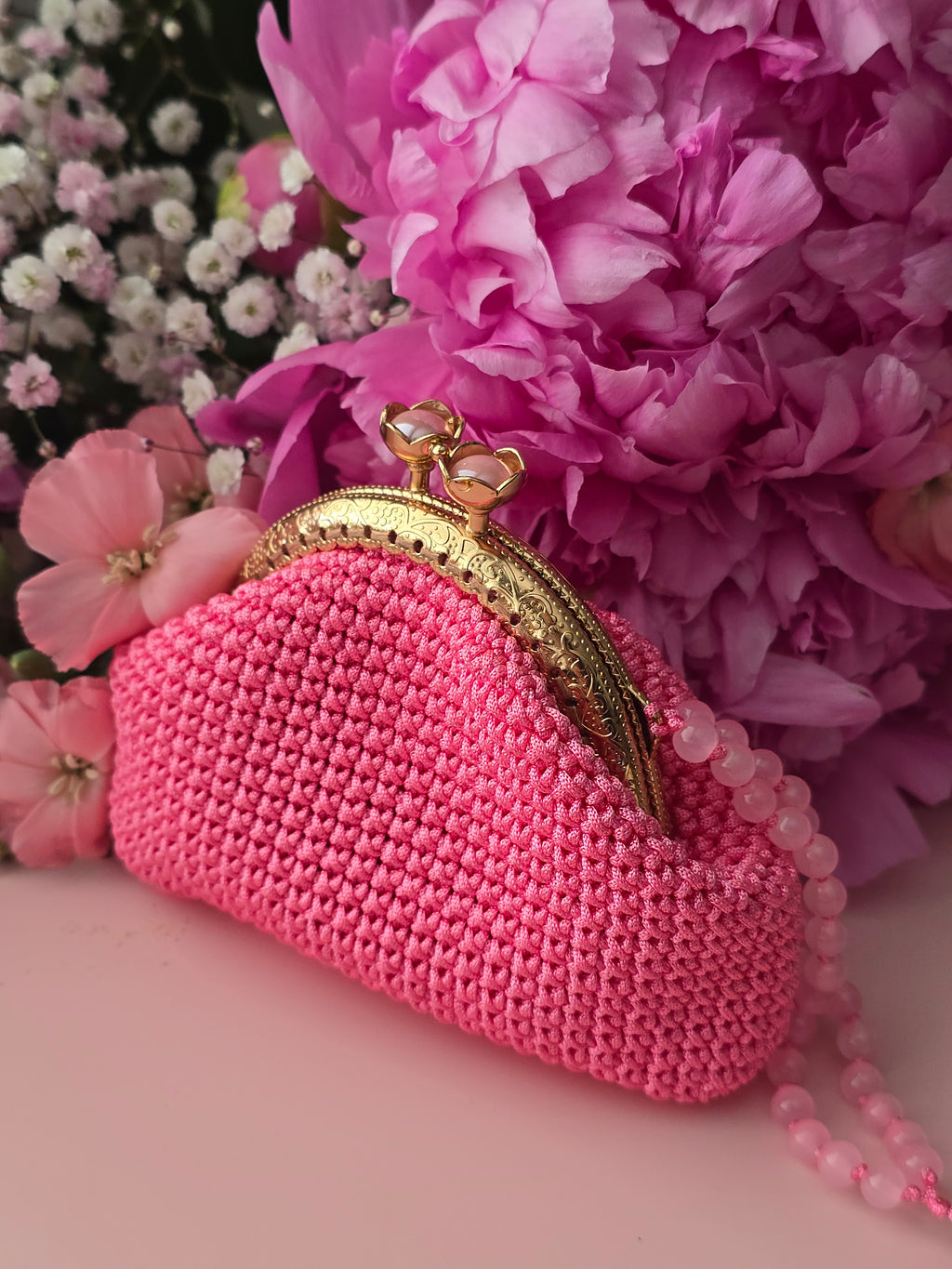 Pink Crochet Coin Purse with Pearl Strap ✨💗