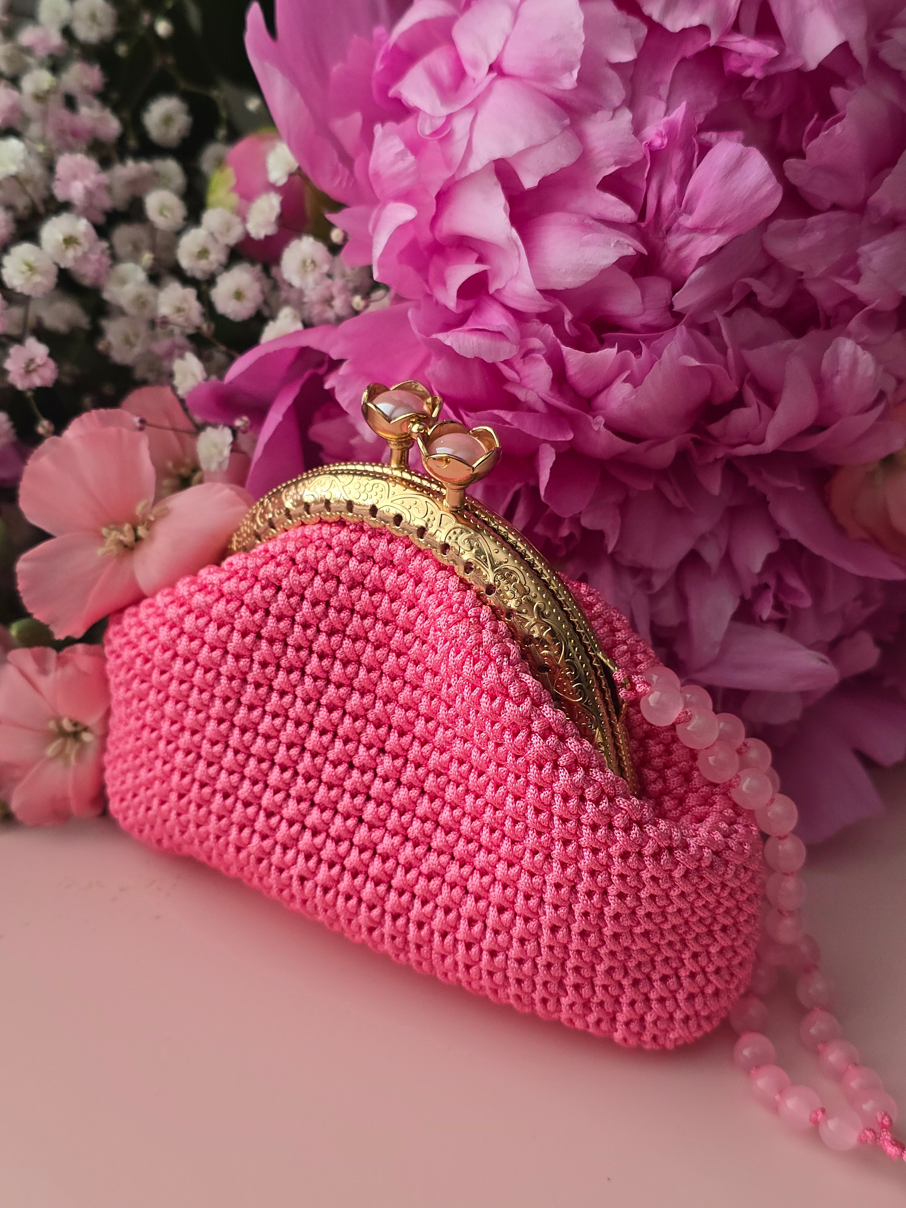 Pink Crochet Coin Purse with Pearl Strap ✨💗