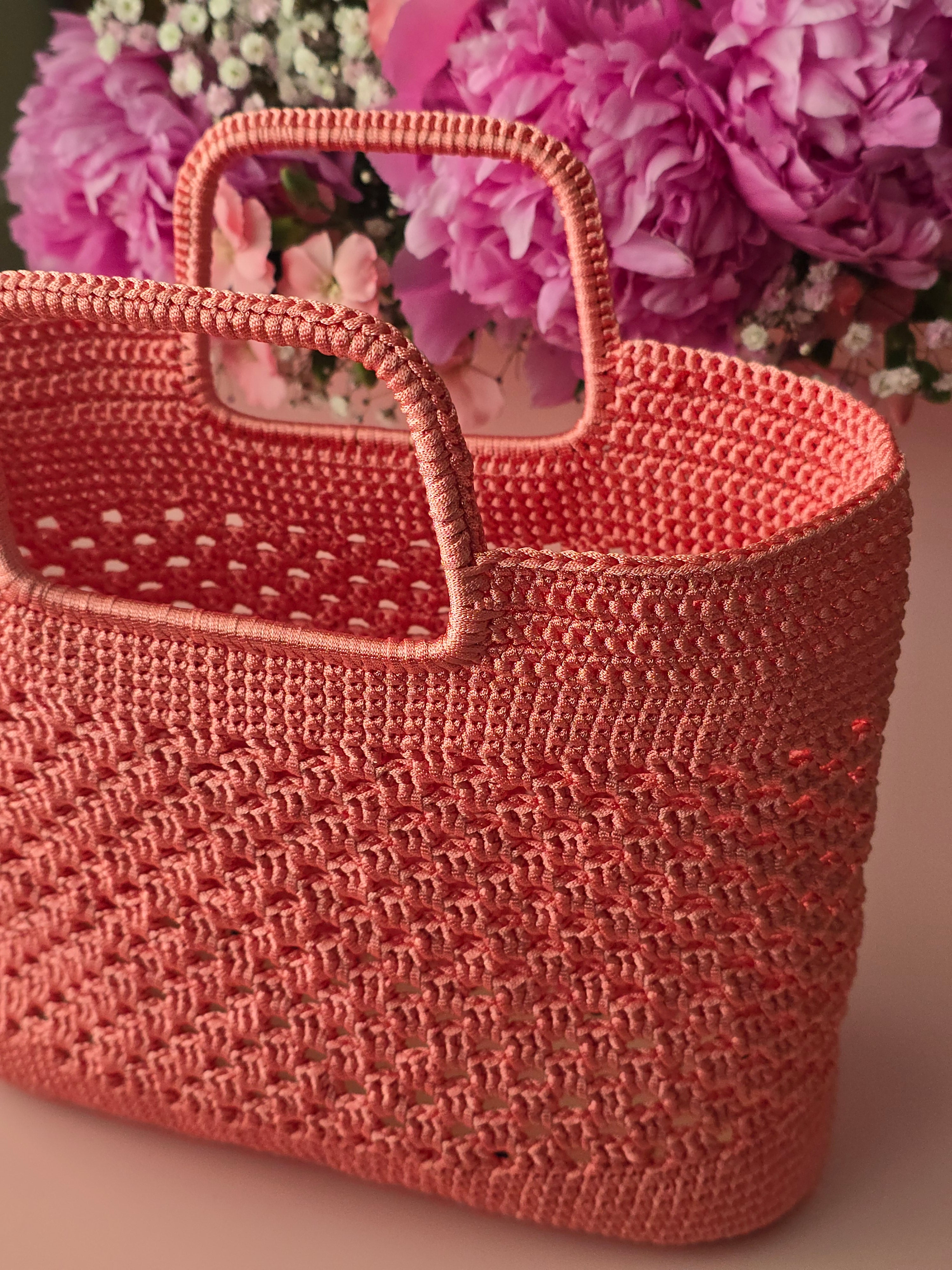 Blush Coral Crochet Tote Bag