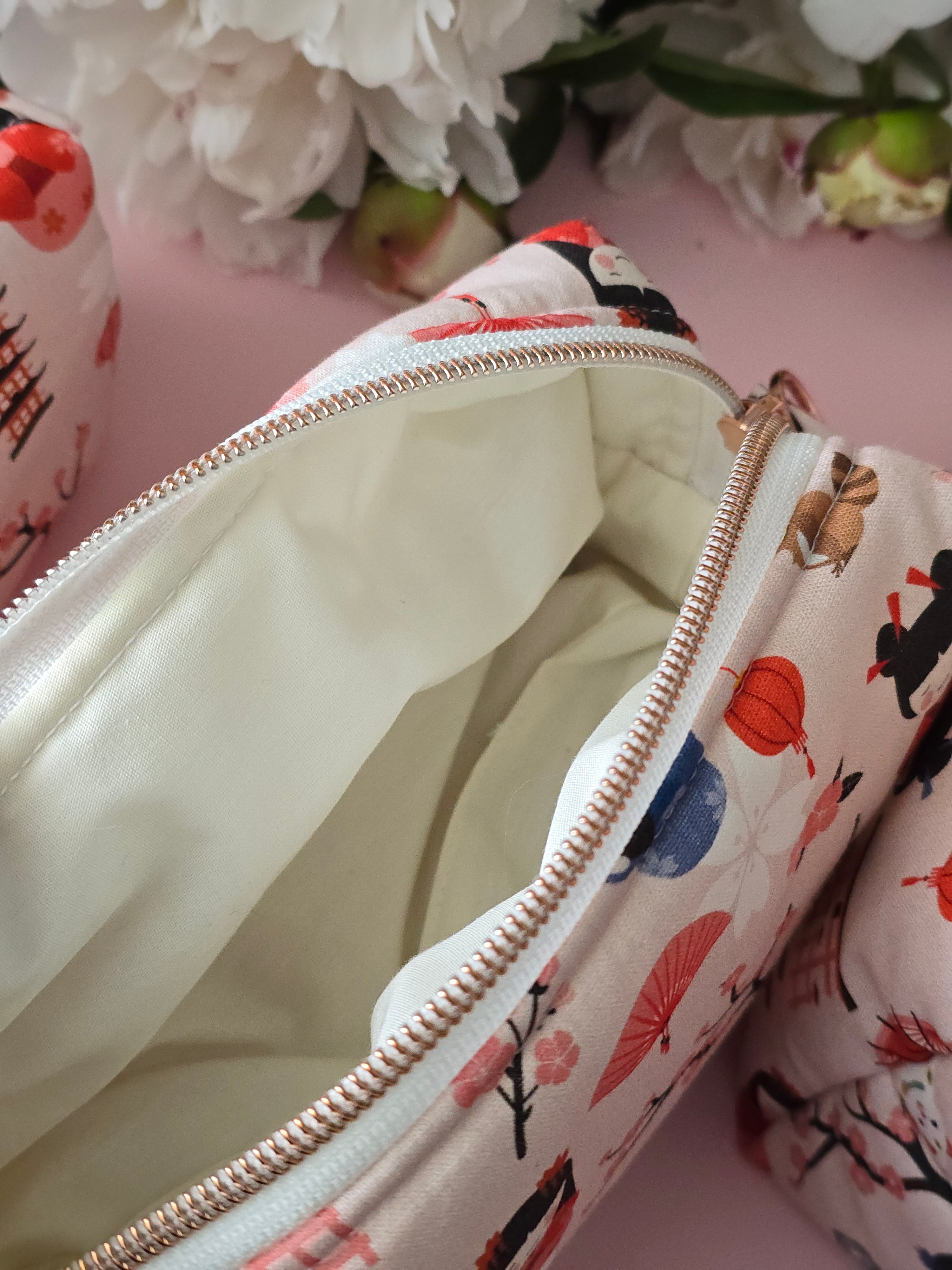 Handmade "Sakura & Kokeshi" Japanese Print Cotton Cosmetic Bag
