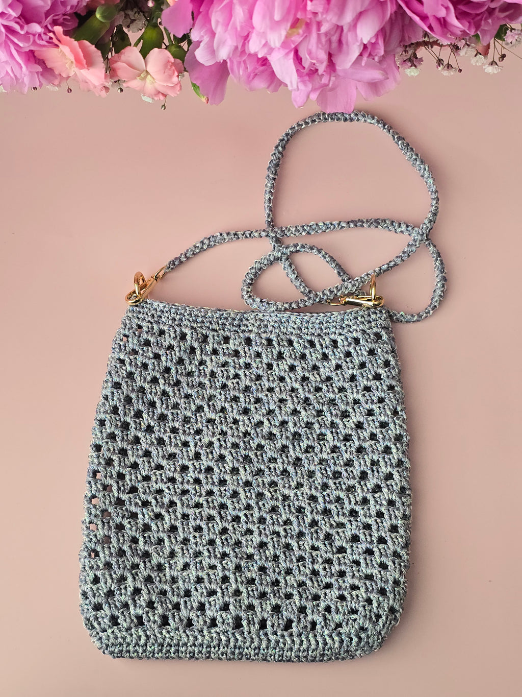 Silver Grey Crochet Crossbody Bag
