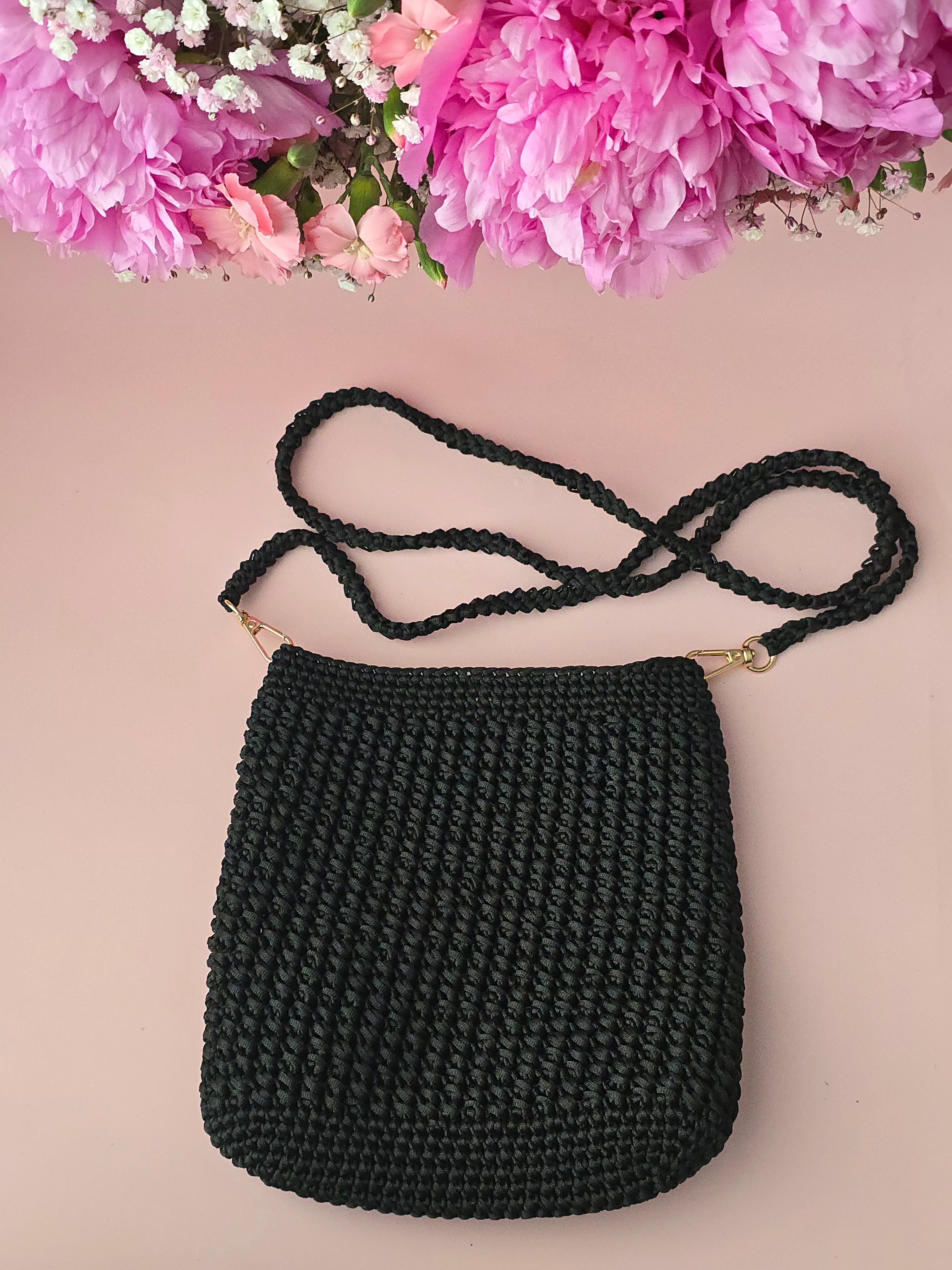 Black Ribbed Crochet Crossbody Bag