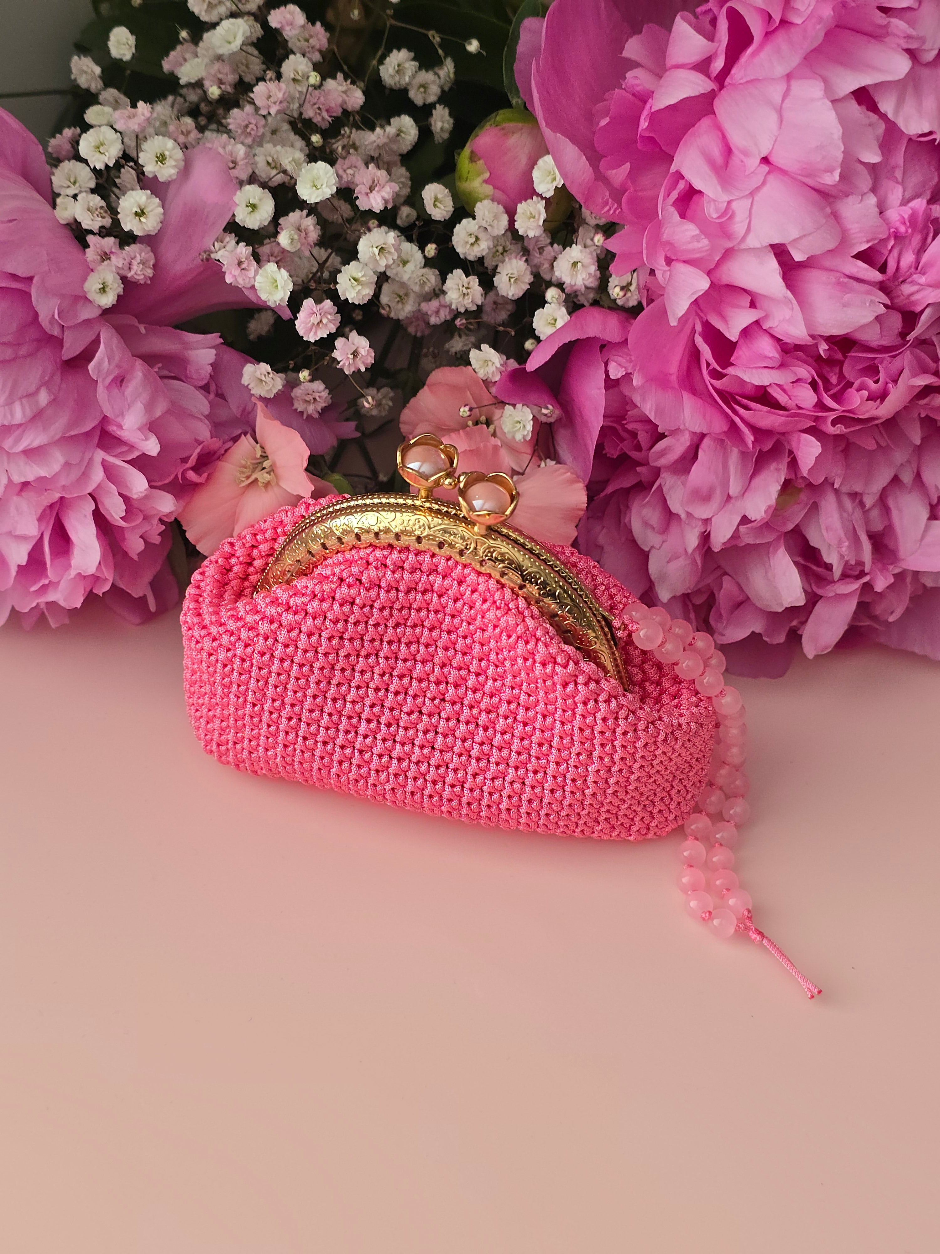 Pink Crochet Coin Purse with Pearl Strap ✨💗