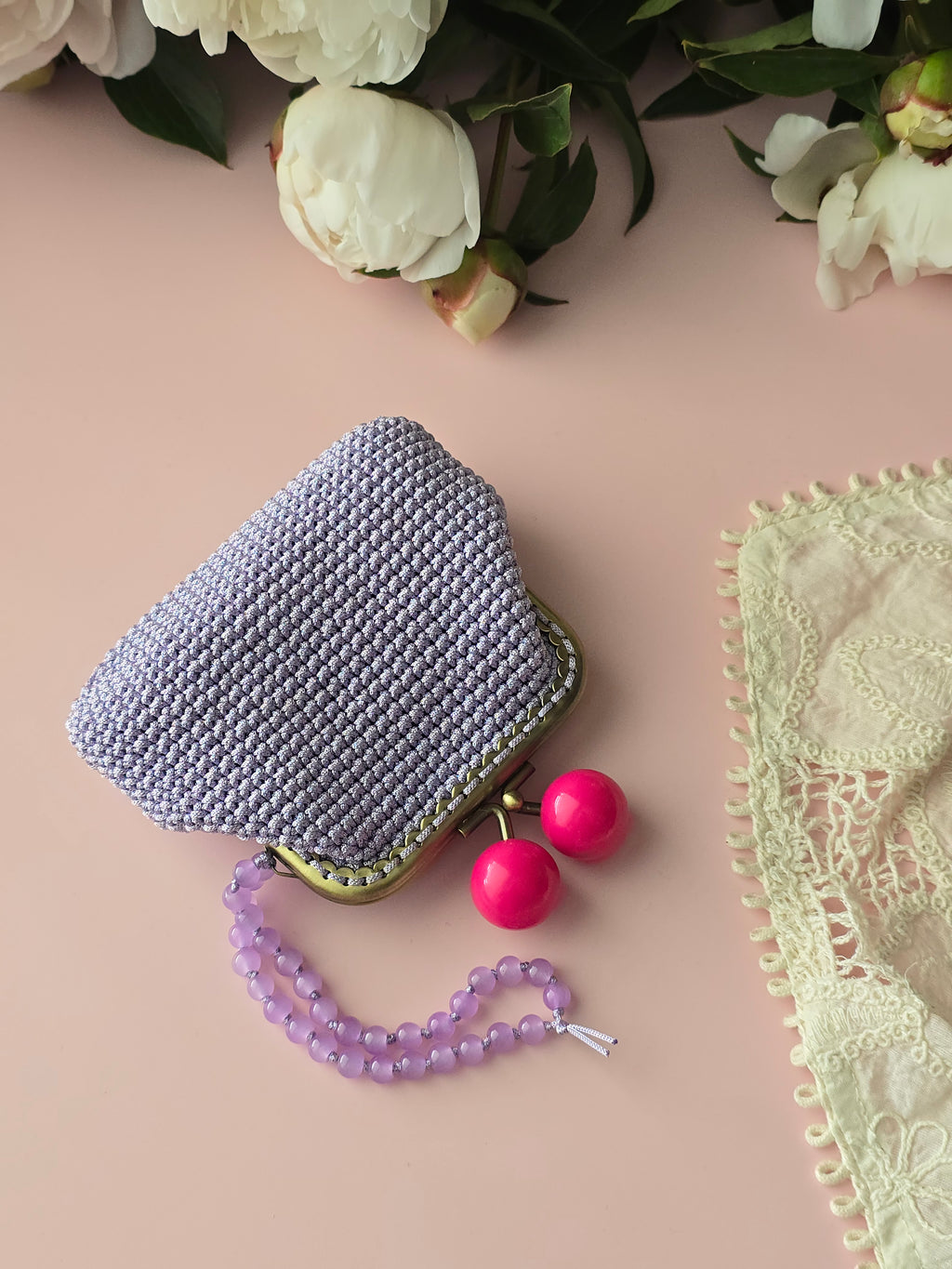 Lilac Crochet Coin Purse with Pink Kiss-Lock Frame