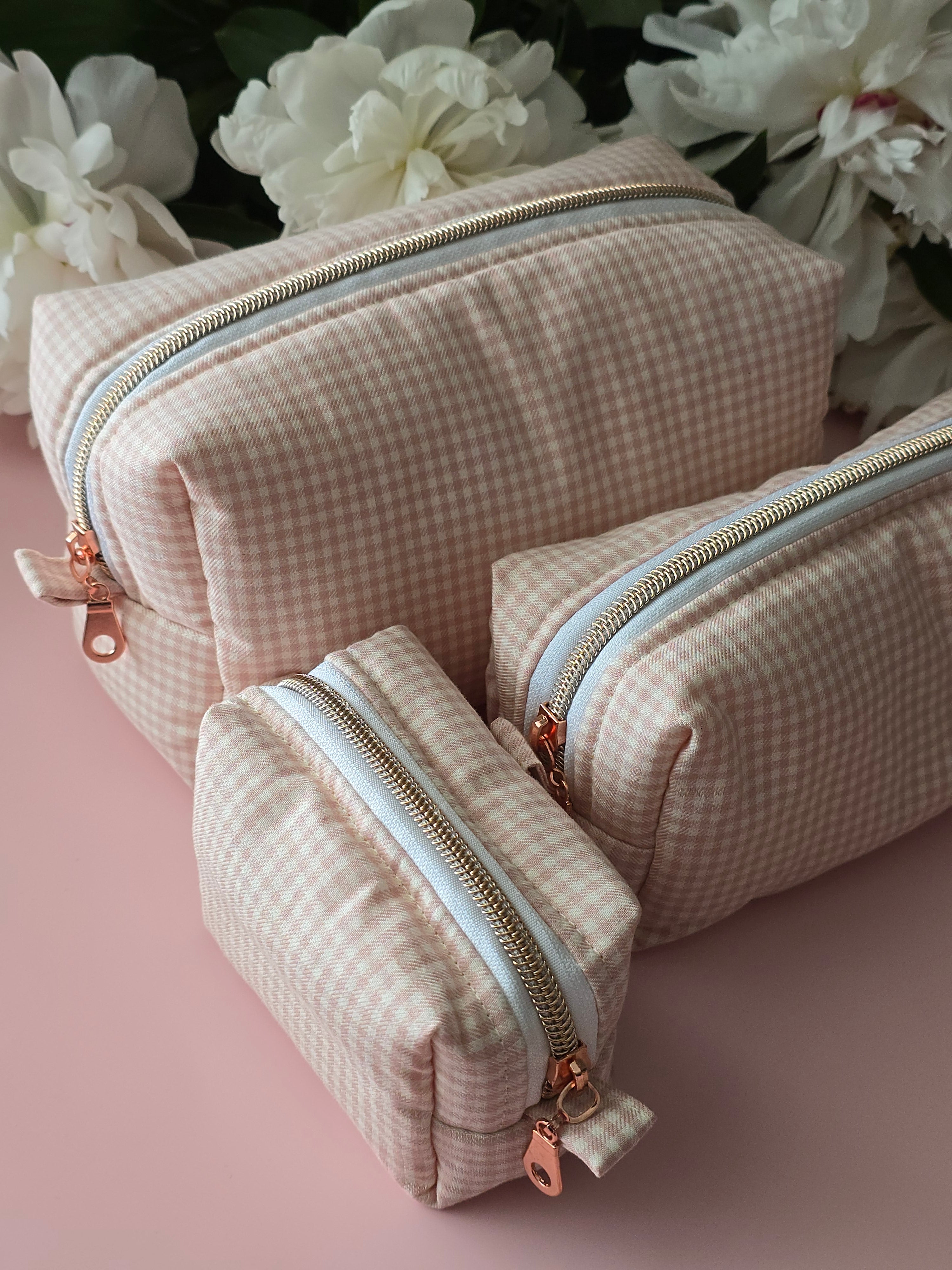Set of 3 Pink Gingham Cosmetic Bags