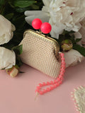 Handmade Crochet Coin Purse with Frame – Beige & Coral Clasp Wallet